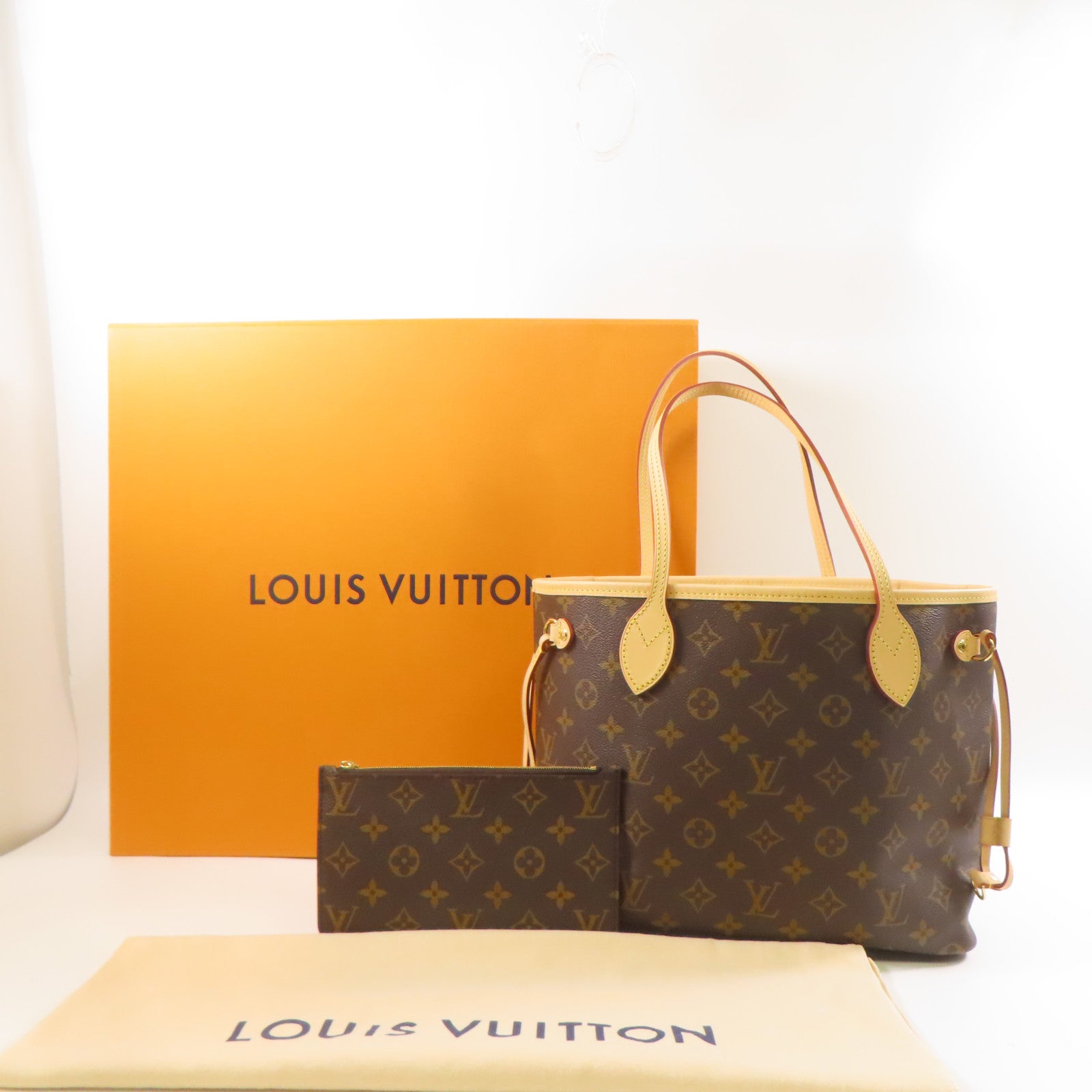 LOUIS VUITTON Monogram Neverfull PM金扣手挽袋啡色