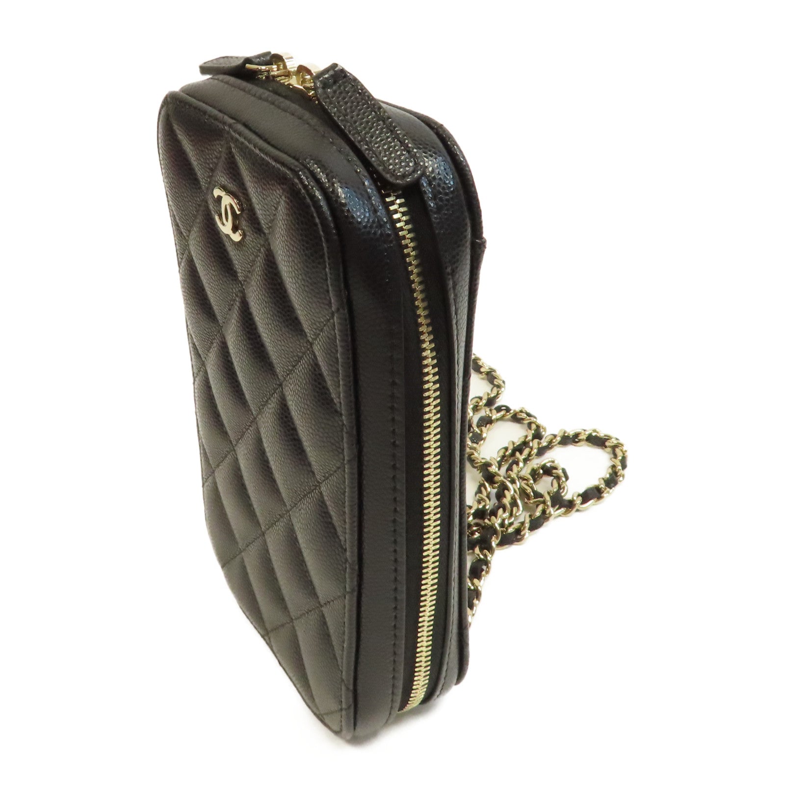 CHANEL 菱格Caviar皮革Phone Bag金扣鏈帶肩背袋黑色
