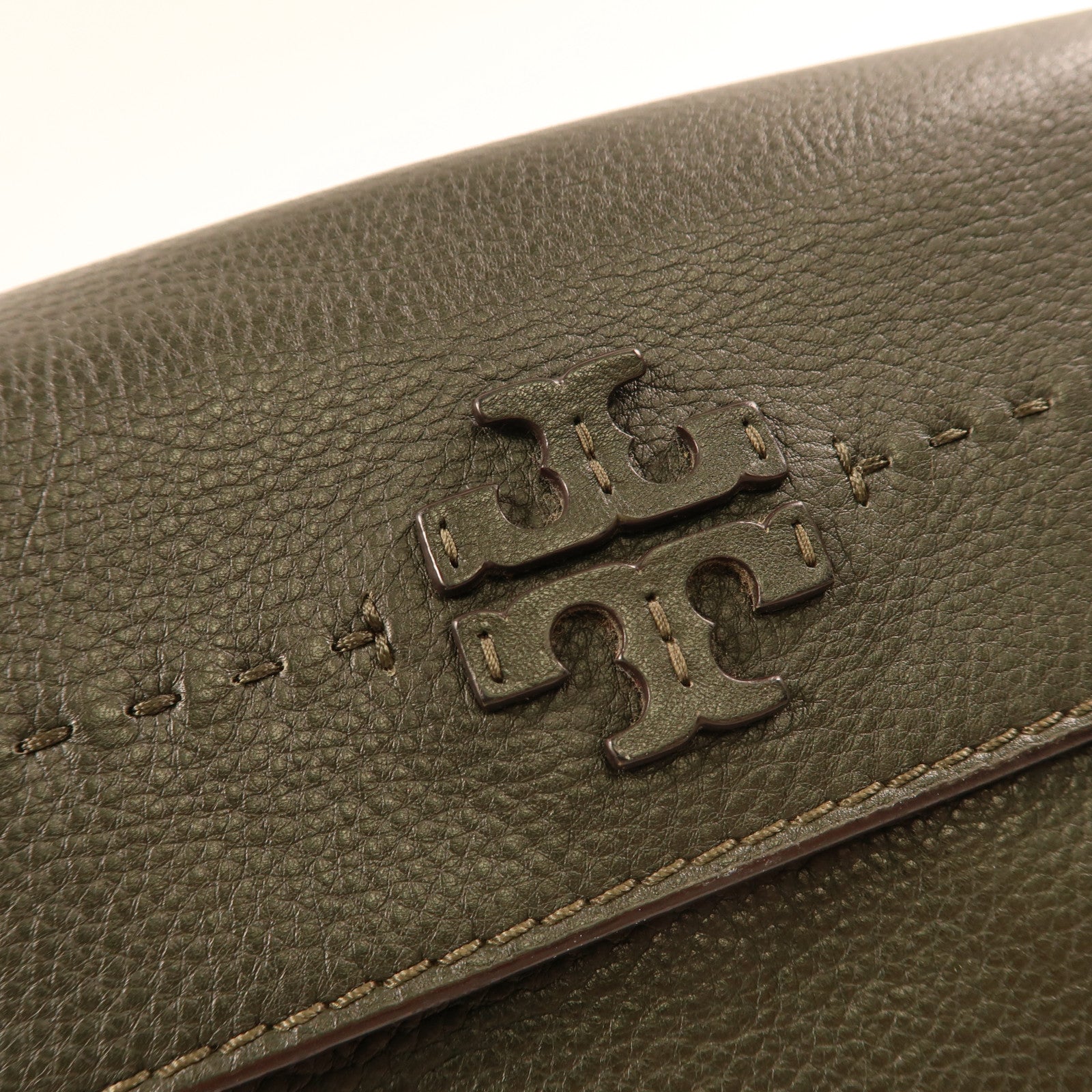 Tory Burch GHW Shoulder Bag Calfskin Leather Olive Green