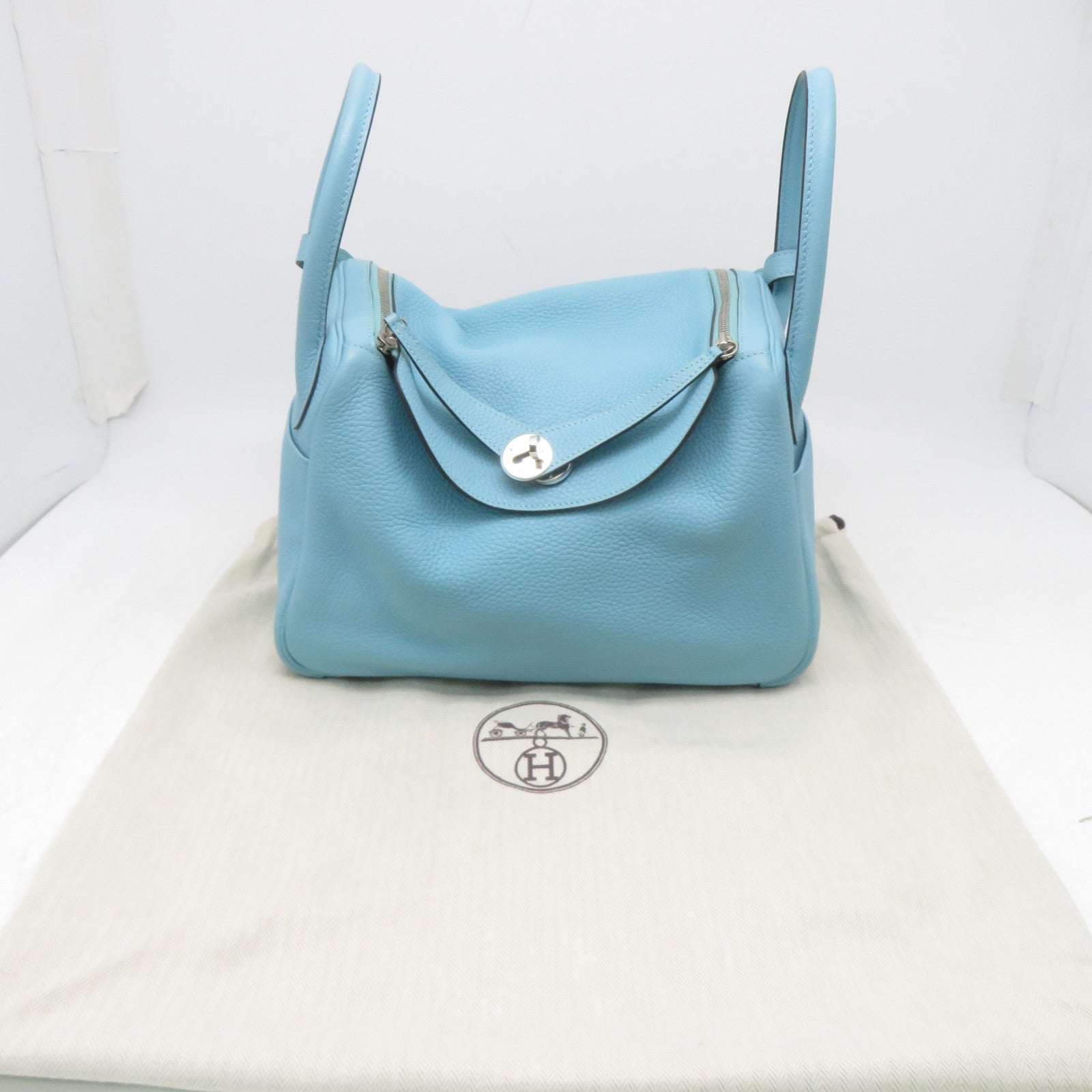 HERMES 【激減優惠】Clemence皮革Lindy 30銀扣手挽肩背兩用袋Bleu Saint Cyr聖西爾水藍色