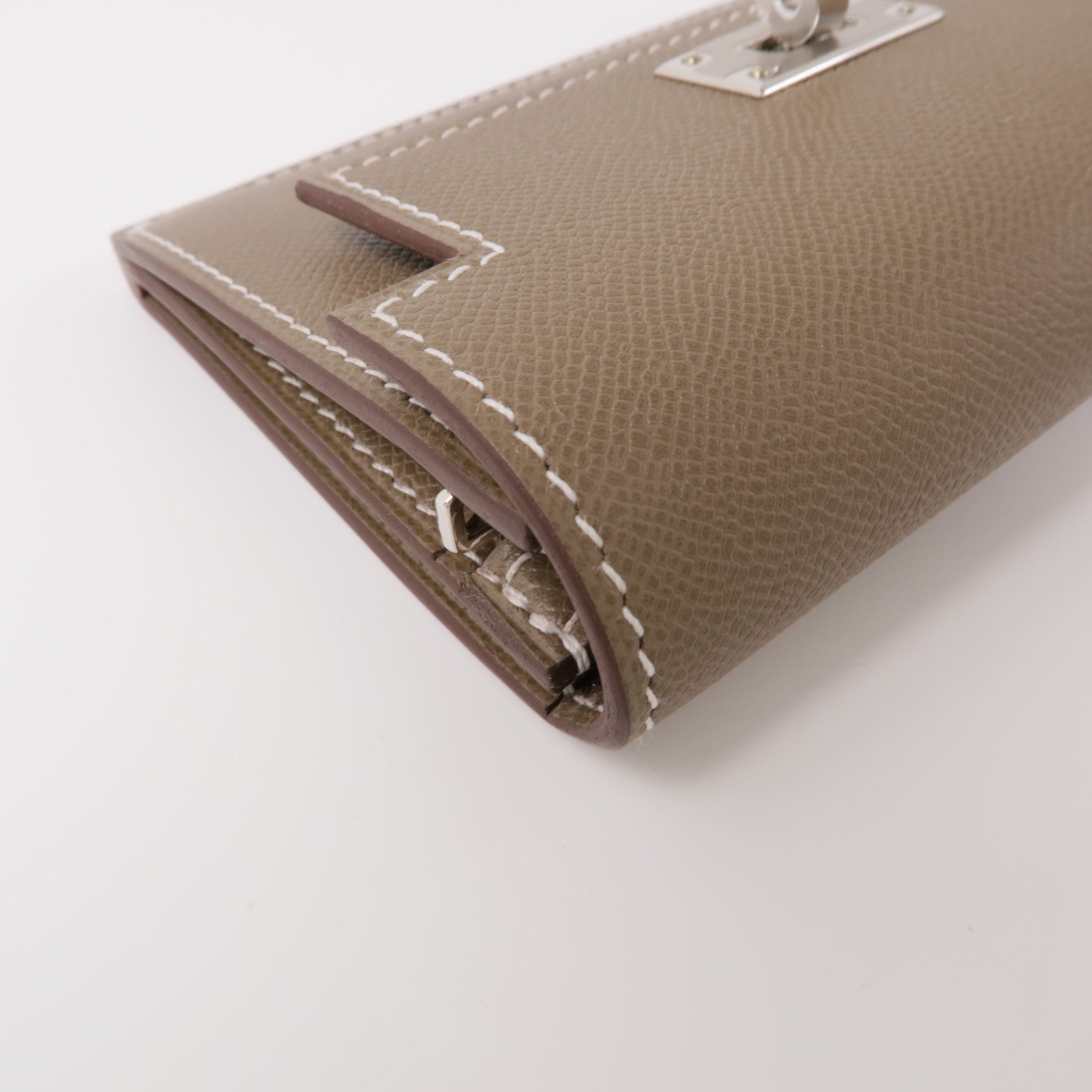 HERMES Madame皮革Kelly Pocket Slim銀扣零錢包Etoupe