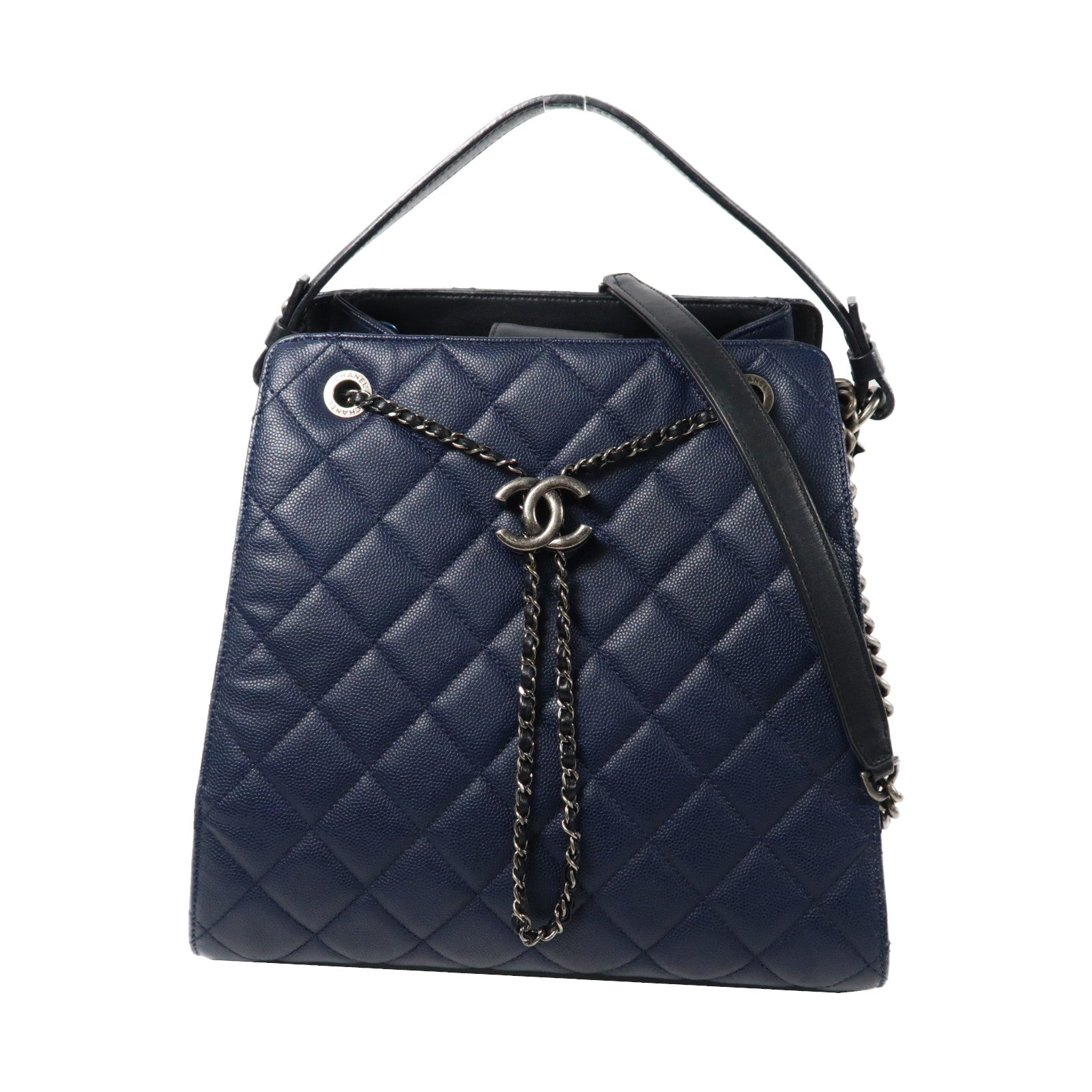 CHANEL 菱格Caviar皮革Chain Shoulder銀扣手挽肩背兩用袋藍色