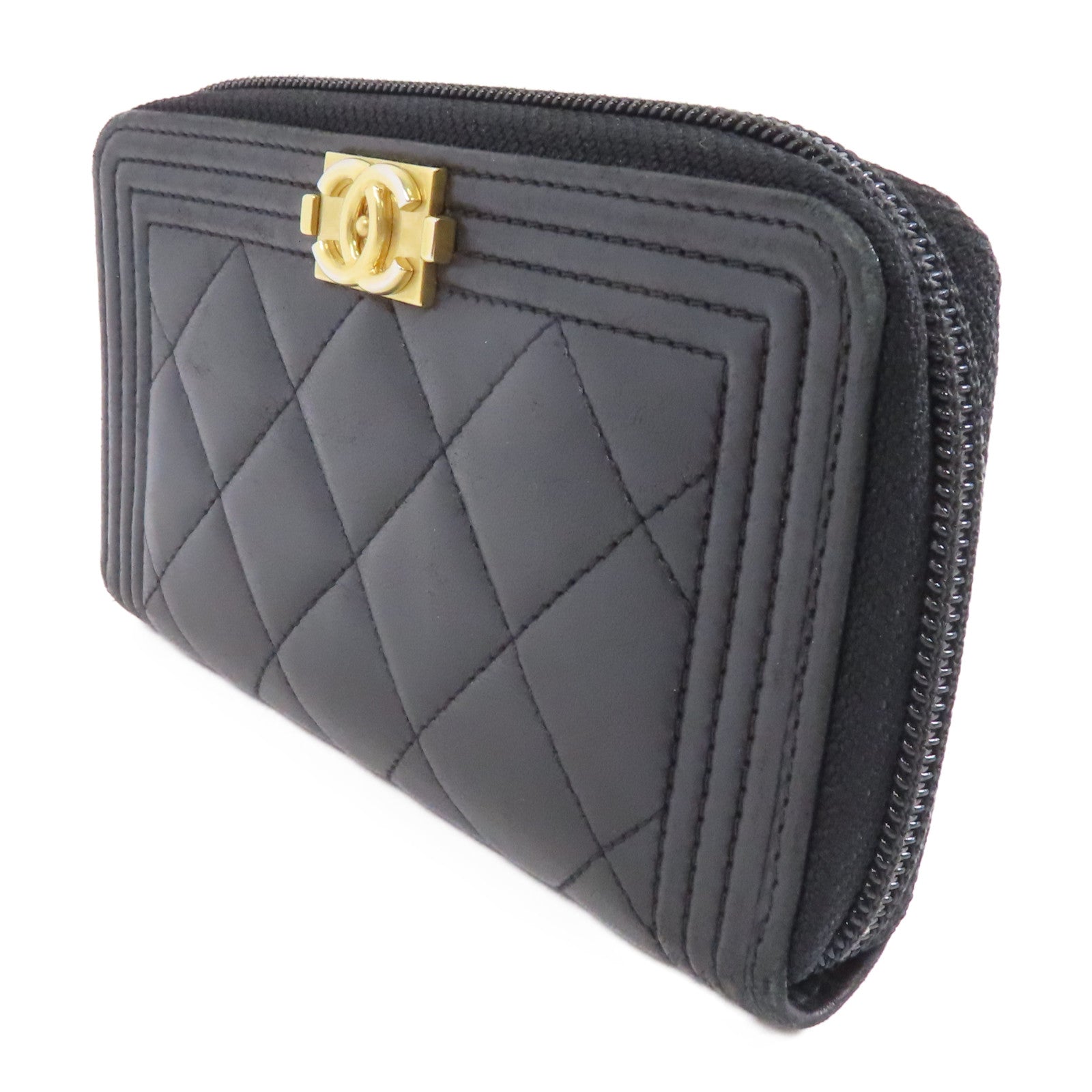 CHANEL 菱格羊皮皮革Boy Wallet金扣錢包黑色