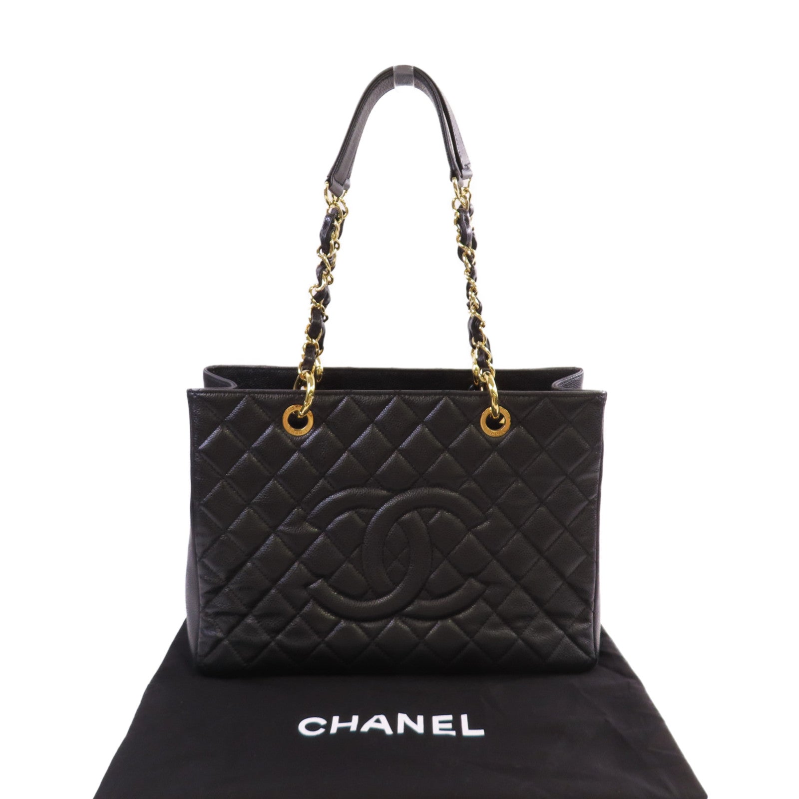 CHANEL 菱格Caviar皮革GST Chain Shoulder Bag金扣鏈帶肩背袋黑色
