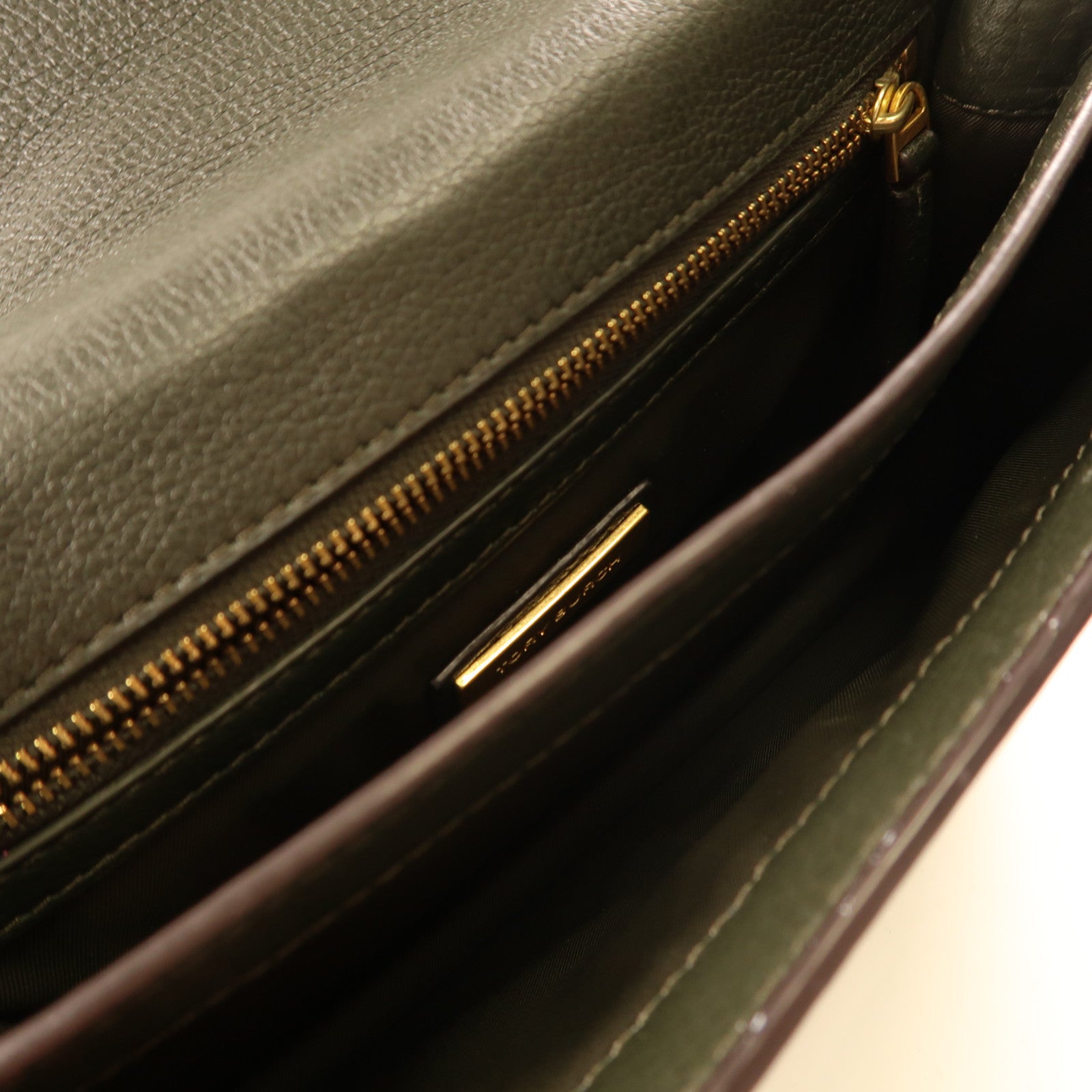 Tory Burch GHW Shoulder Bag Calfskin Leather Olive Green