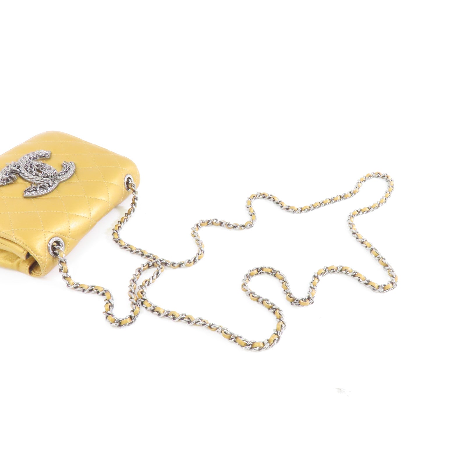 CHANEL 菱格羊皮皮革Chain Shoulder銀扣肩背袋金色