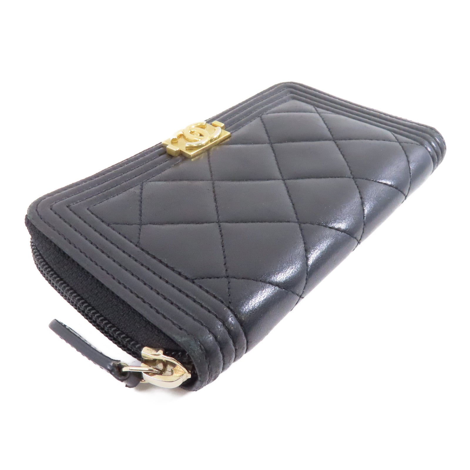 CHANEL 菱格羊皮皮革Boy Wallet金扣錢包黑色