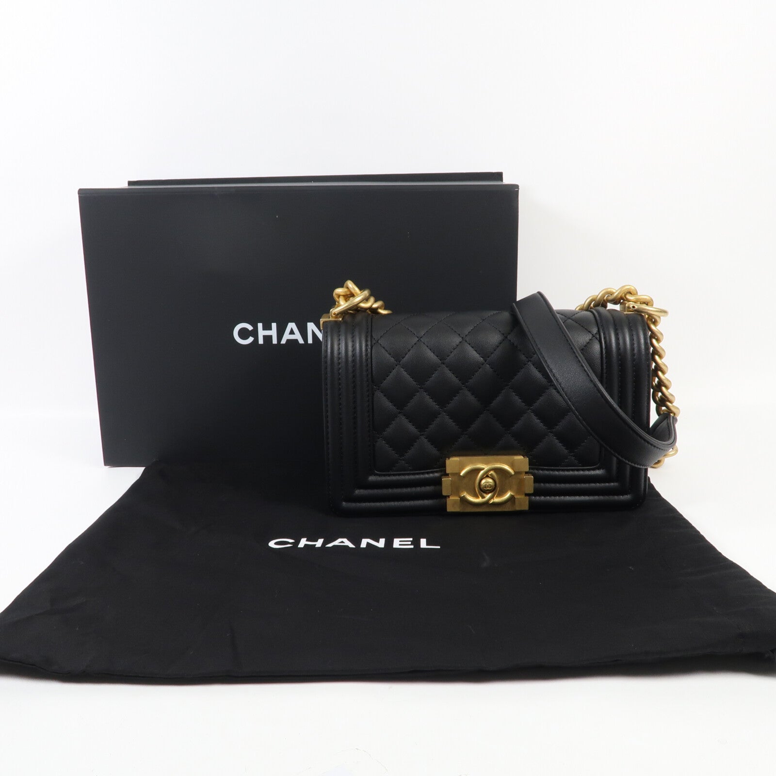 CHANEL 牛皮皮革Boy 20金扣鏈帶肩背袋
