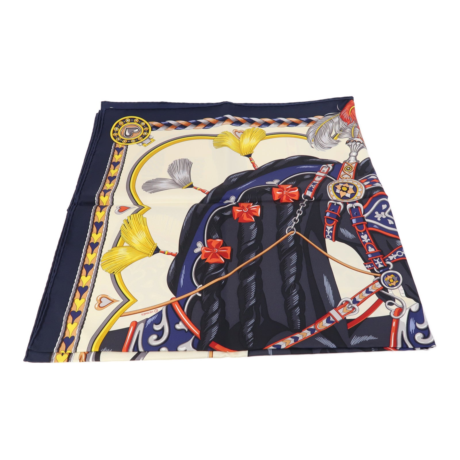 HERMES 絲質Scarf 90X90cm絲巾深藍色/米色