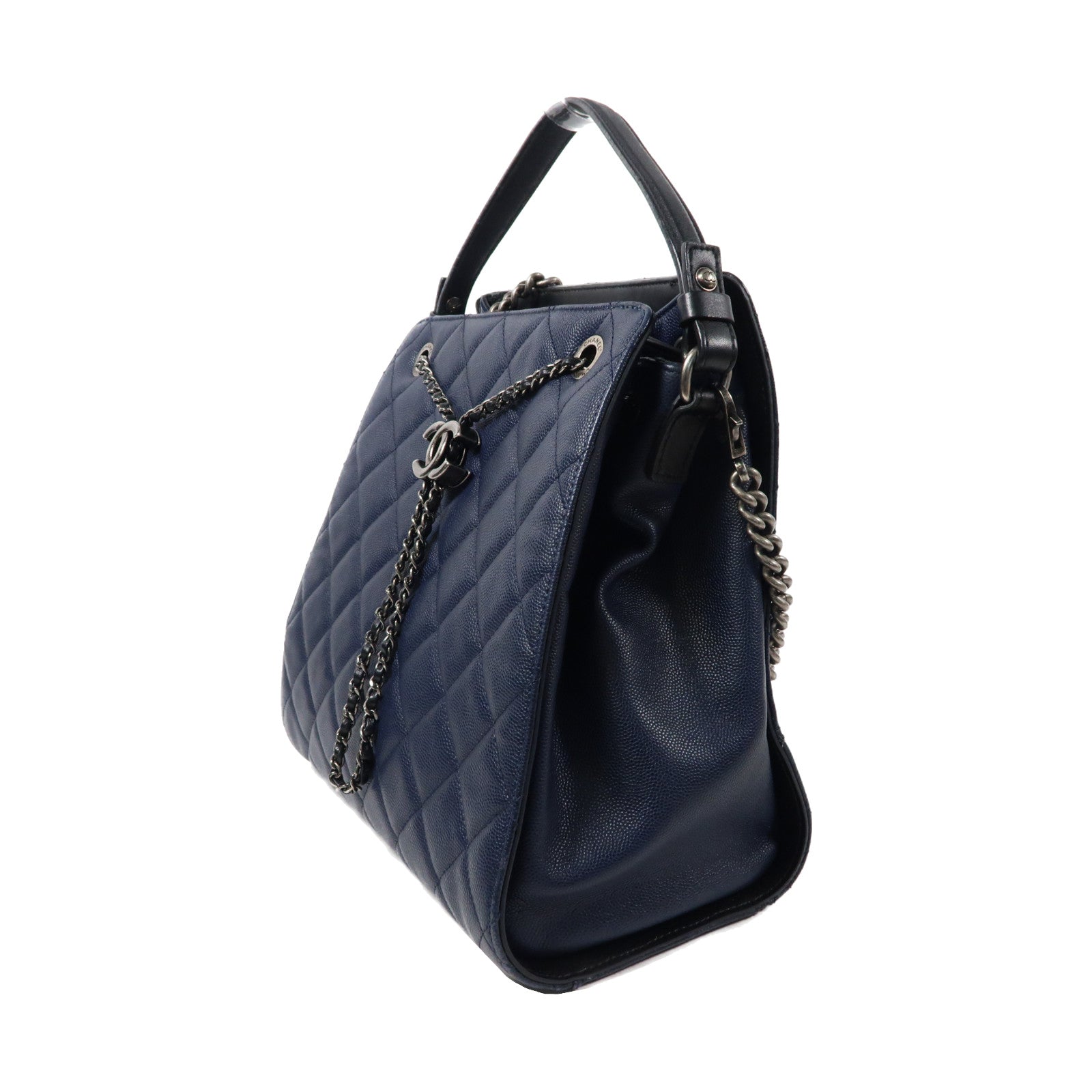 CHANEL 菱格Caviar皮革Chain Shoulder銀扣手挽肩背兩用袋藍色