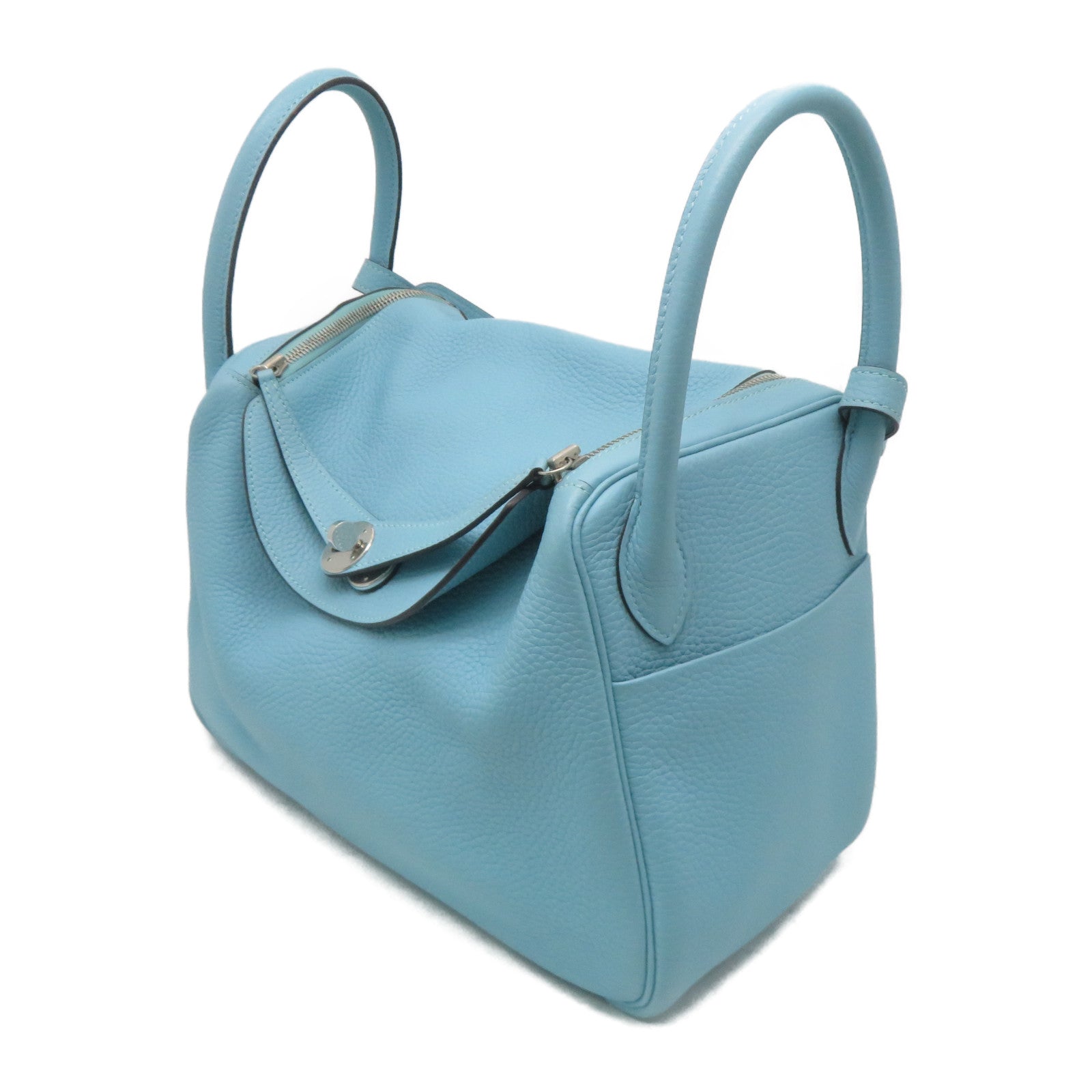HERMES 【激減優惠】Clemence皮革Lindy 30銀扣手挽肩背兩用袋Bleu Saint Cyr聖西爾水藍色