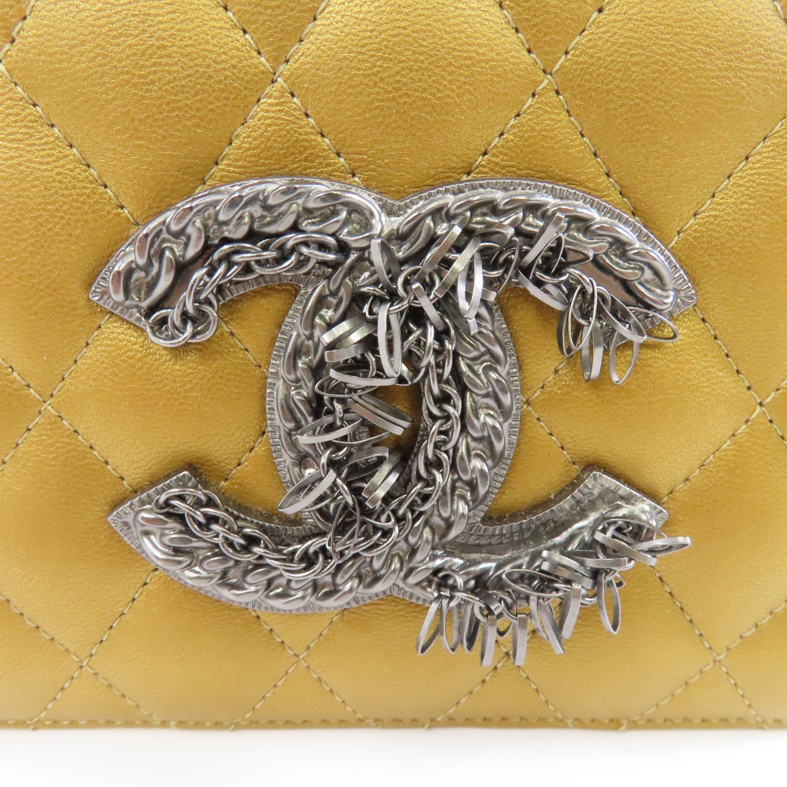 CHANEL 菱格羊皮皮革Chain Shoulder銀扣肩背袋金色