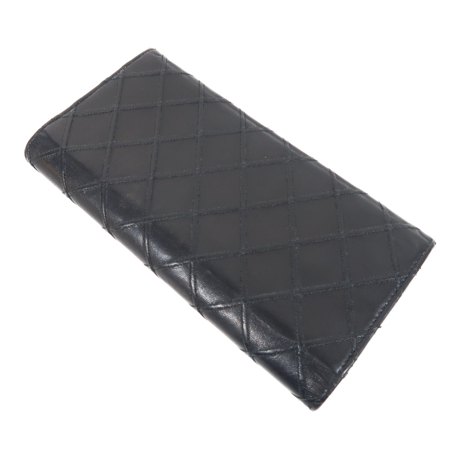 CHANEL 菱格牛皮皮革Long Wallet銀扣長錢包黑色