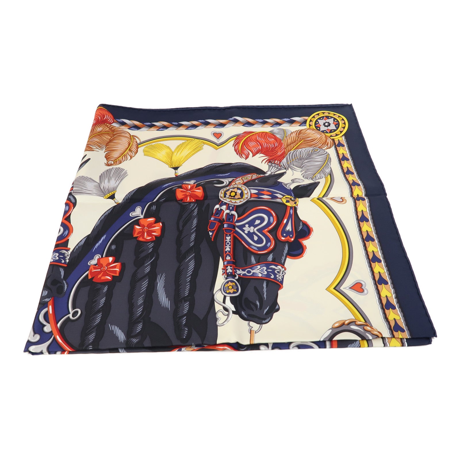 HERMES 絲質Scarf 90X90cm絲巾深藍色/米色
