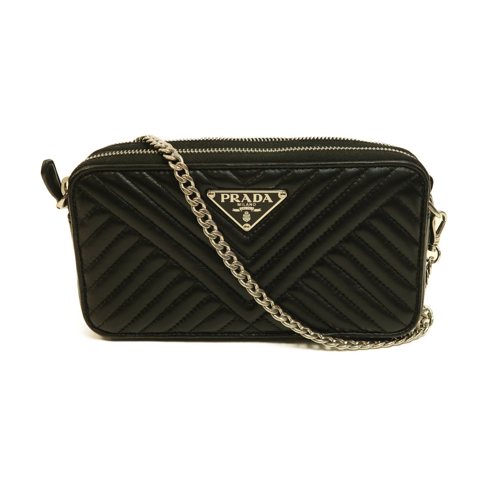 PRADA 牛皮皮革Chain Shoulder銀扣鏈帶肩背袋黑色