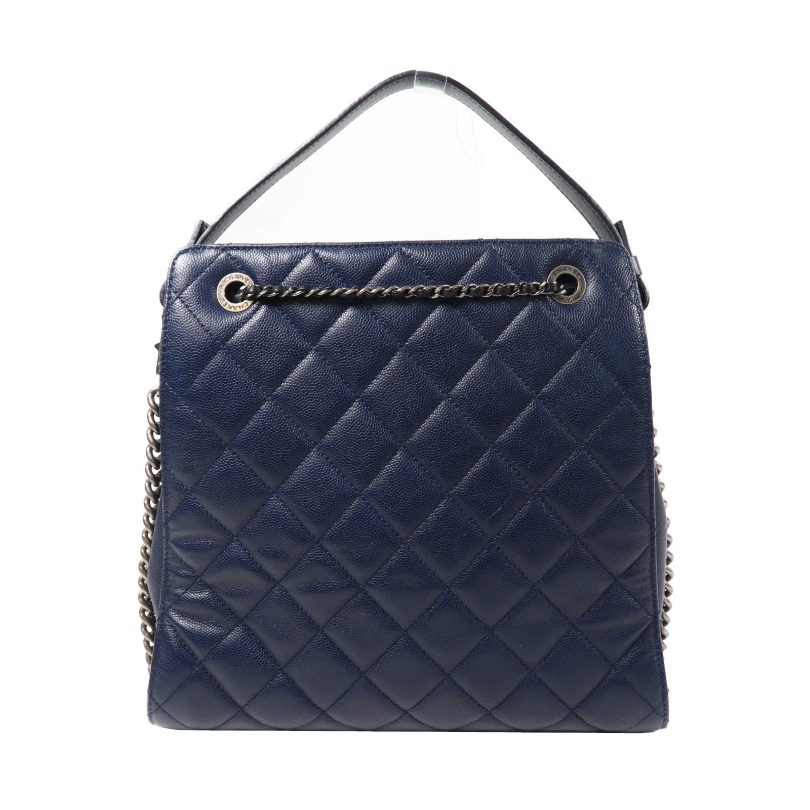 CHANEL 菱格Caviar皮革Chain Shoulder銀扣手挽肩背兩用袋藍色