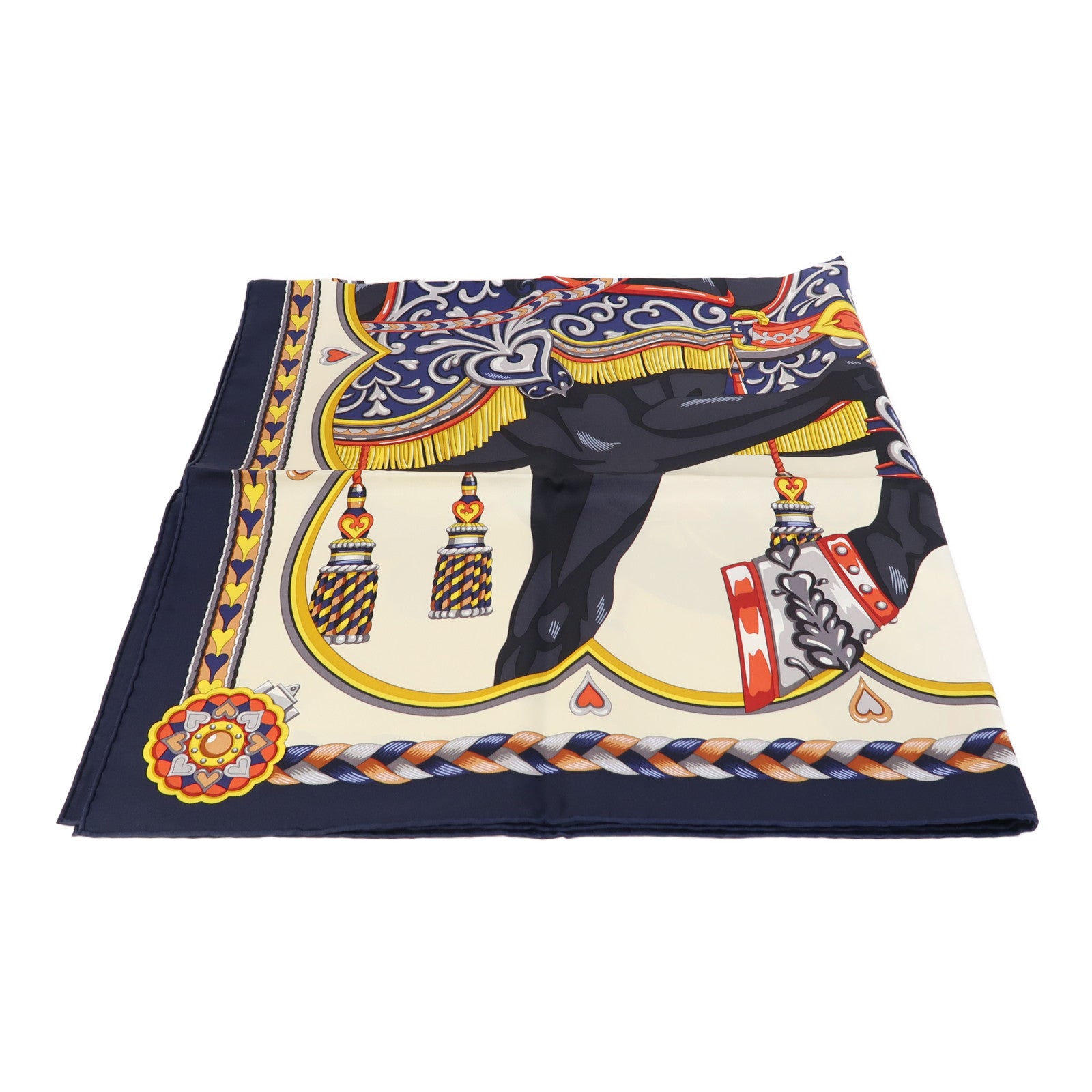 HERMES 絲質Scarf 90X90cm絲巾深藍色/米色