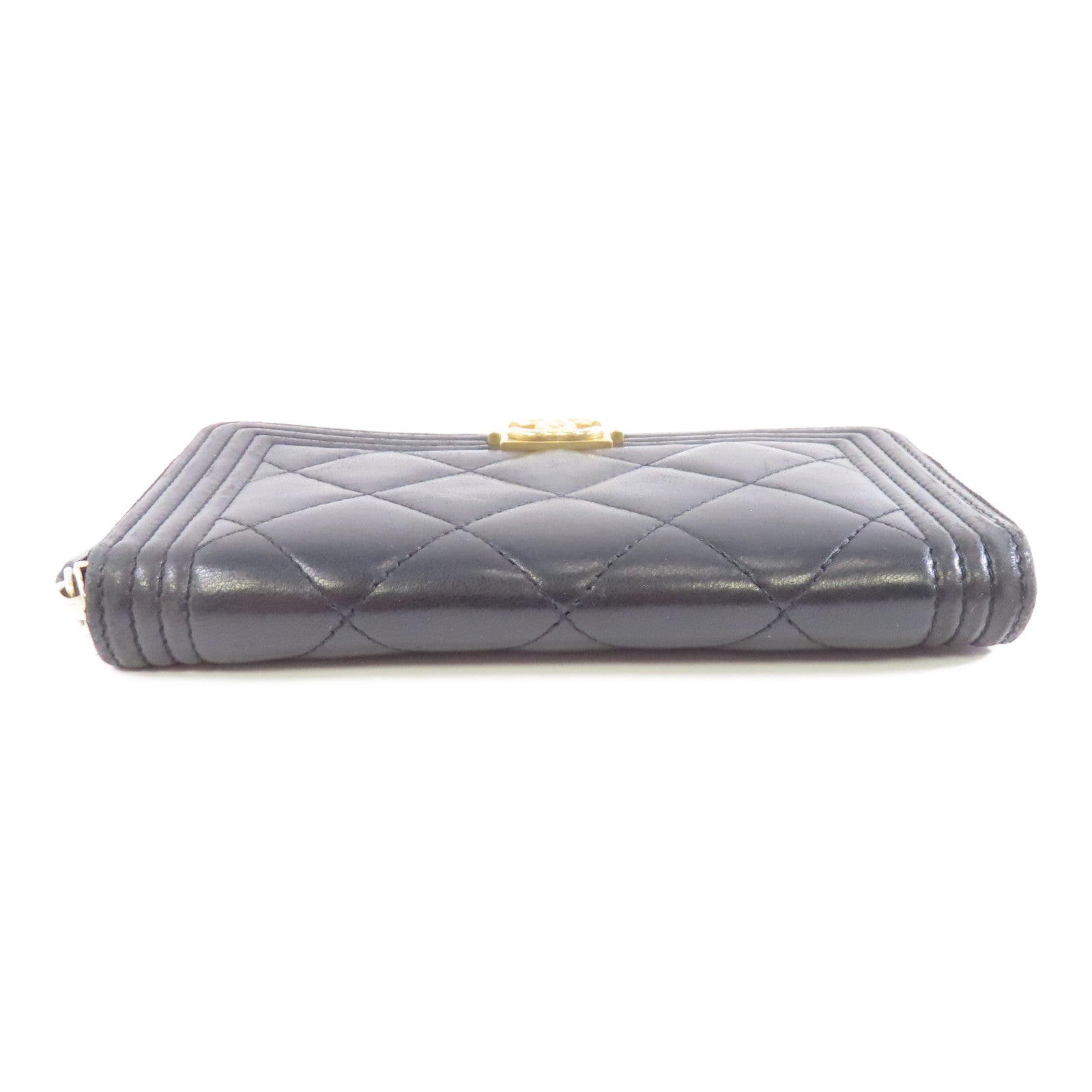 CHANEL 菱格羊皮皮革Boy Wallet金扣錢包黑色