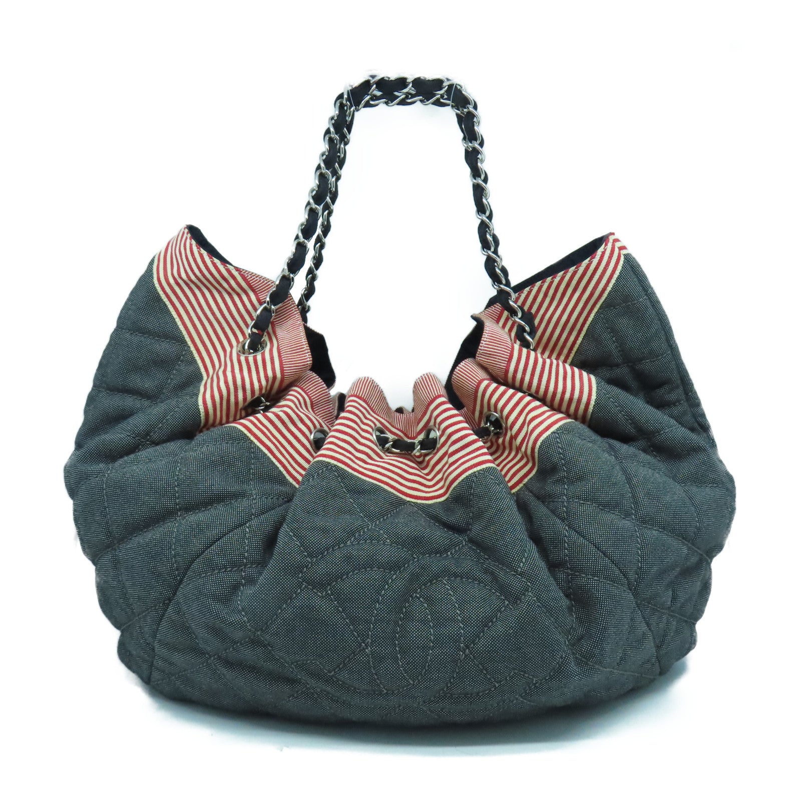 CHANEL **【清倉大減價】帆布Chain Shoulder Bag銀扣鏈帶肩背袋藍色/紅色