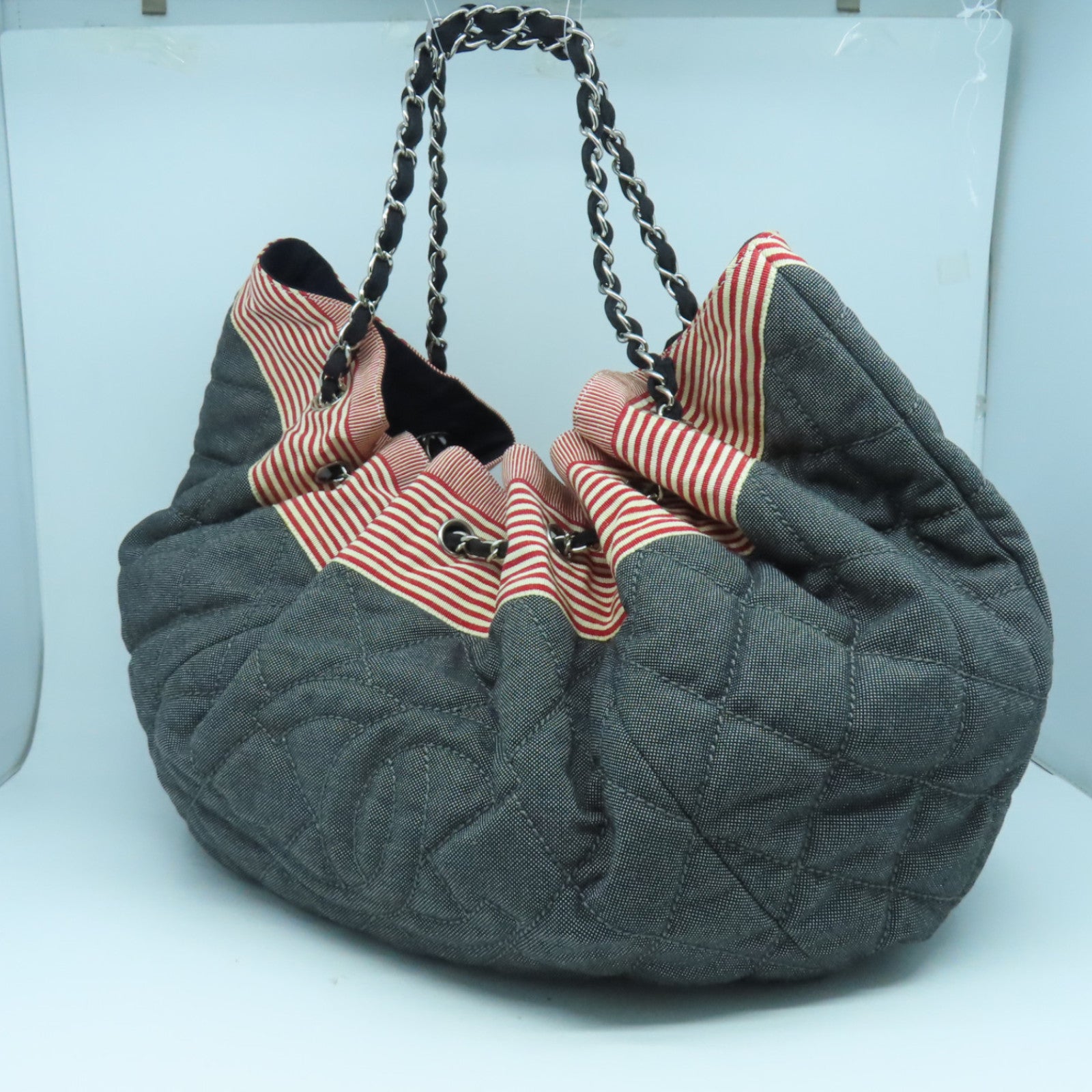CHANEL **【清倉大減價】帆布Chain Shoulder Bag銀扣鏈帶肩背袋藍色/紅色