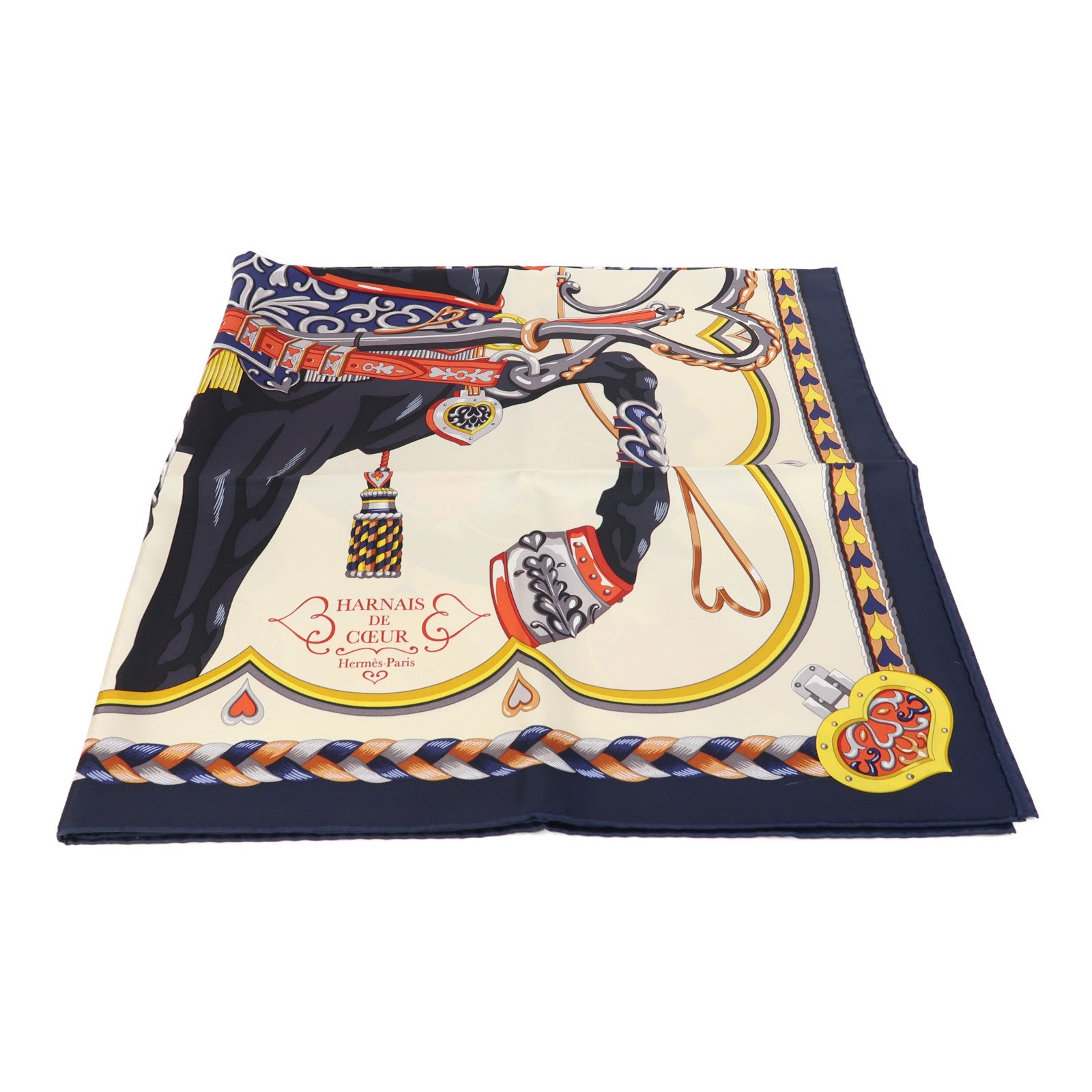 HERMES 絲質Scarf 90X90cm絲巾深藍色/米色