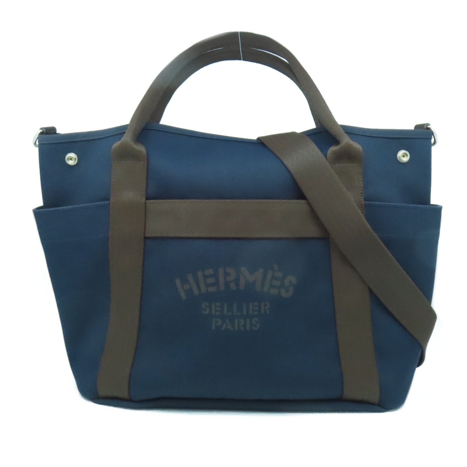 HERMES 【激減優惠】帆布Grooming Bag銀扣手挽肩背兩用袋深藍色/啡色