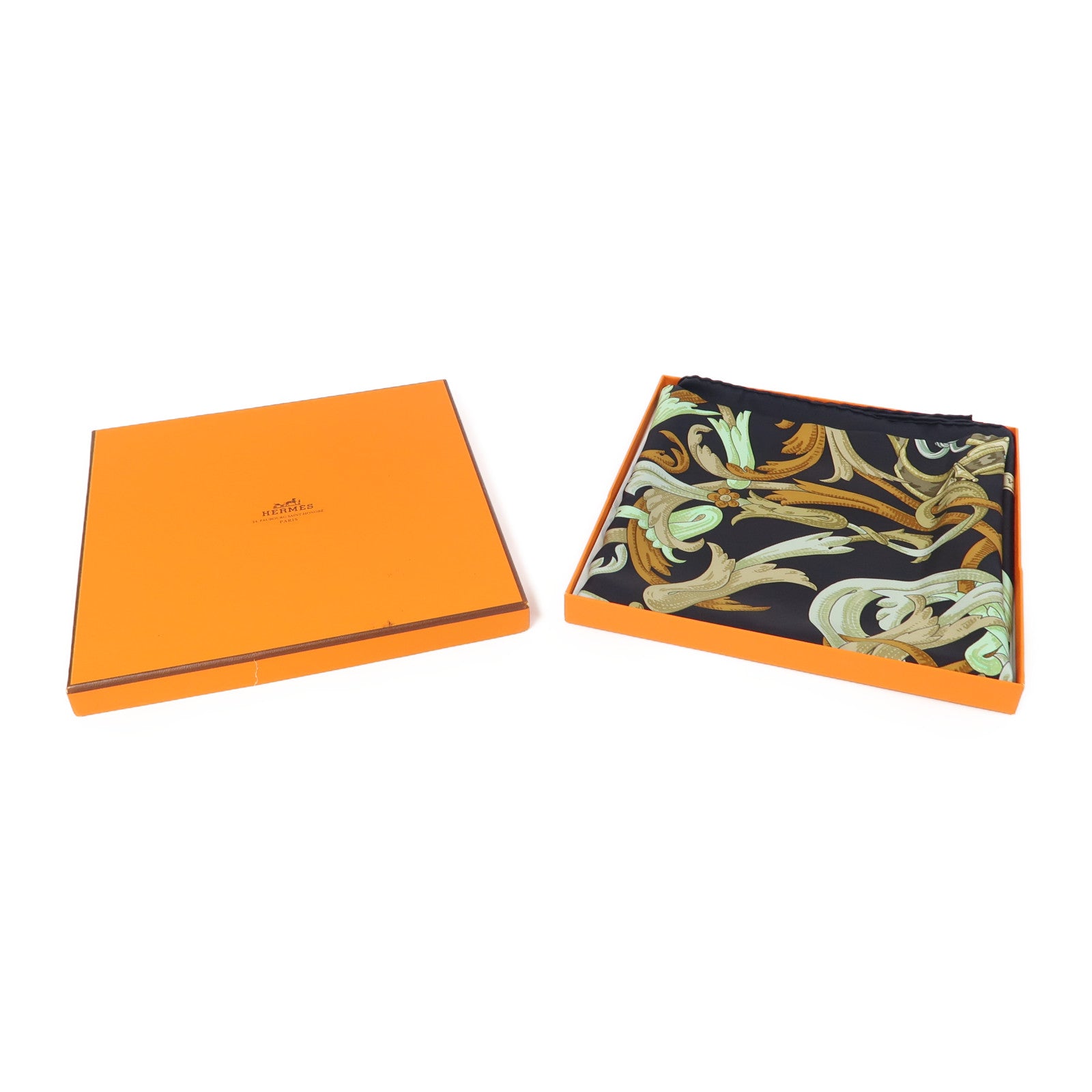 HERMES 絲質Scarf 90X90cm絲巾黑色/綠色/啡色