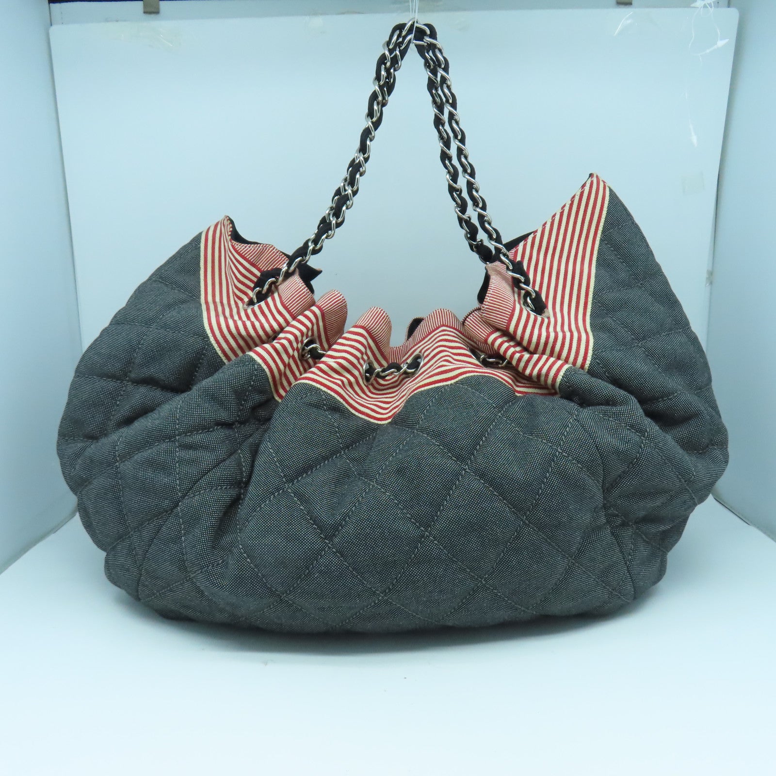CHANEL **【清倉大減價】帆布Chain Shoulder Bag銀扣鏈帶肩背袋藍色/紅色