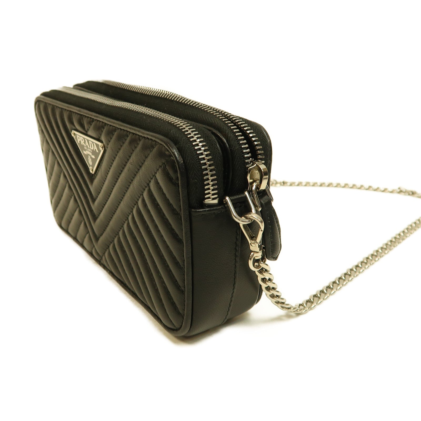 PRADA 牛皮皮革Chain Shoulder銀扣鏈帶肩背袋黑色