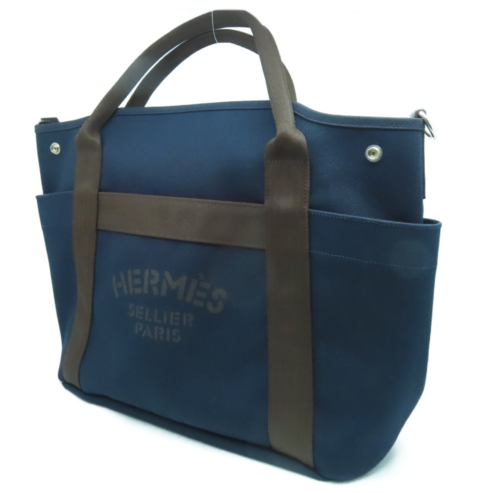 HERMES 【激減優惠】帆布Grooming Bag銀扣手挽肩背兩用袋深藍色/啡色