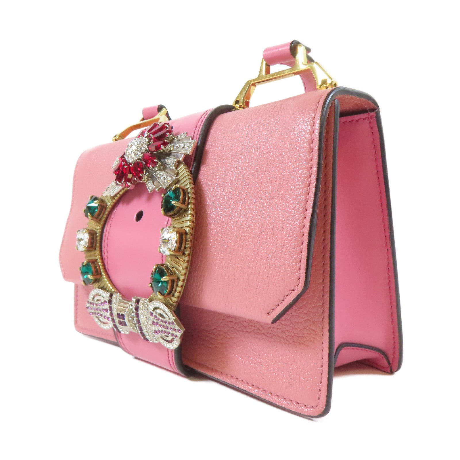 Miu Miu 牛皮皮革金扣肩背袋粉紅色