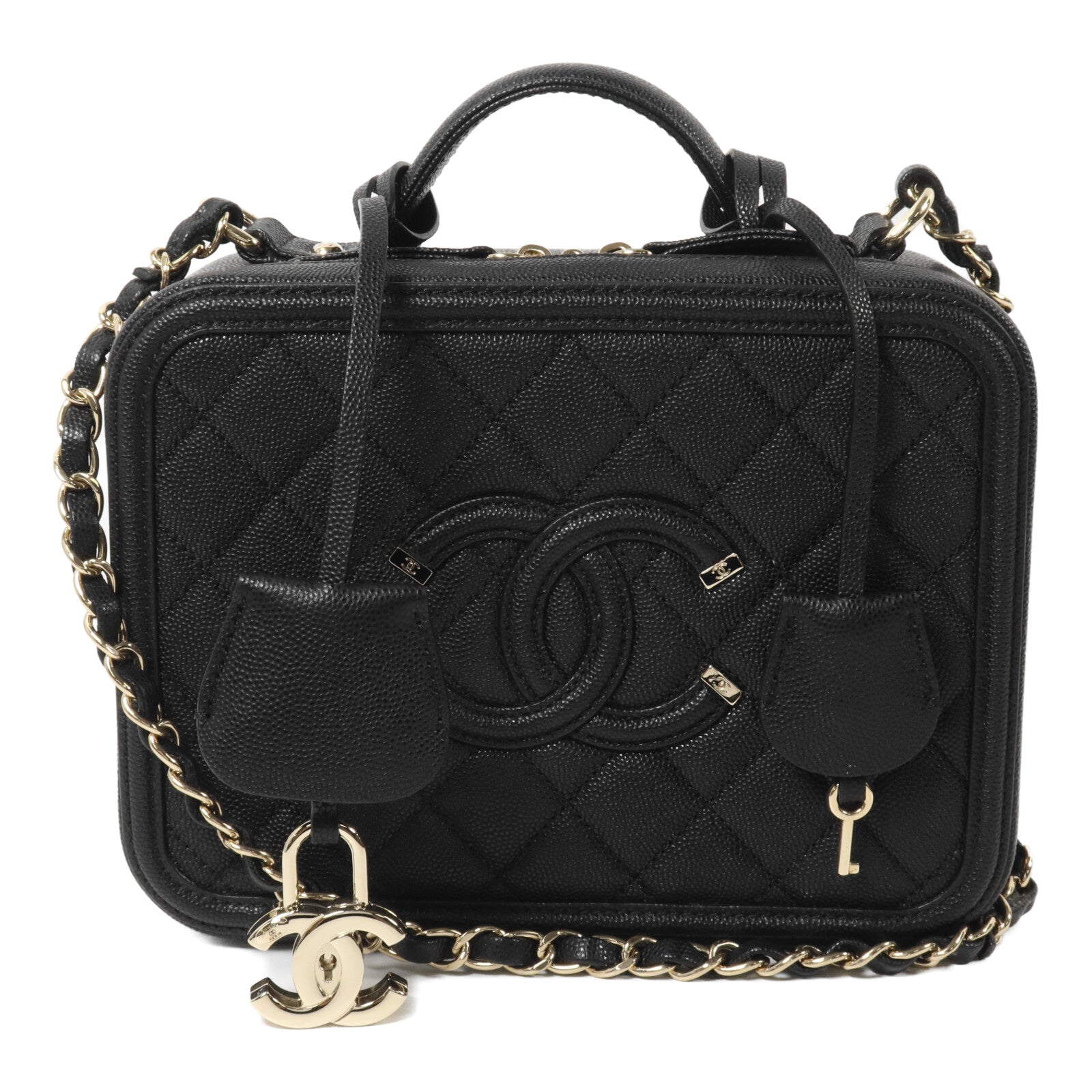 CHANEL 牛皮皮革CC Filigree Vanity Case Medium鏈帶手挽肩背兩用袋