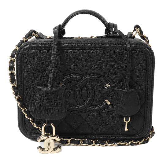 CHANEL 牛皮皮革CC Filigree Vanity Case Medium鏈帶手挽肩背兩用袋