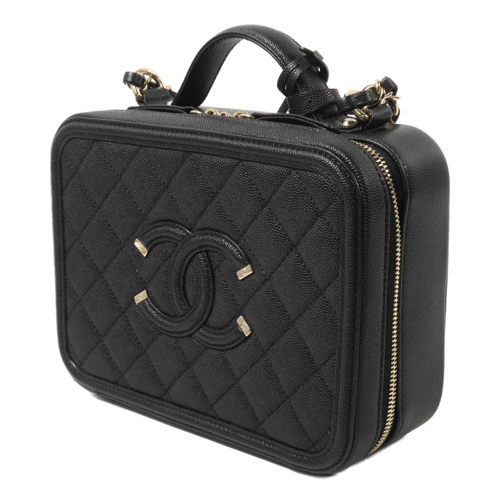 CHANEL 牛皮皮革CC Filigree Vanity Case Medium鏈帶手挽肩背兩用袋