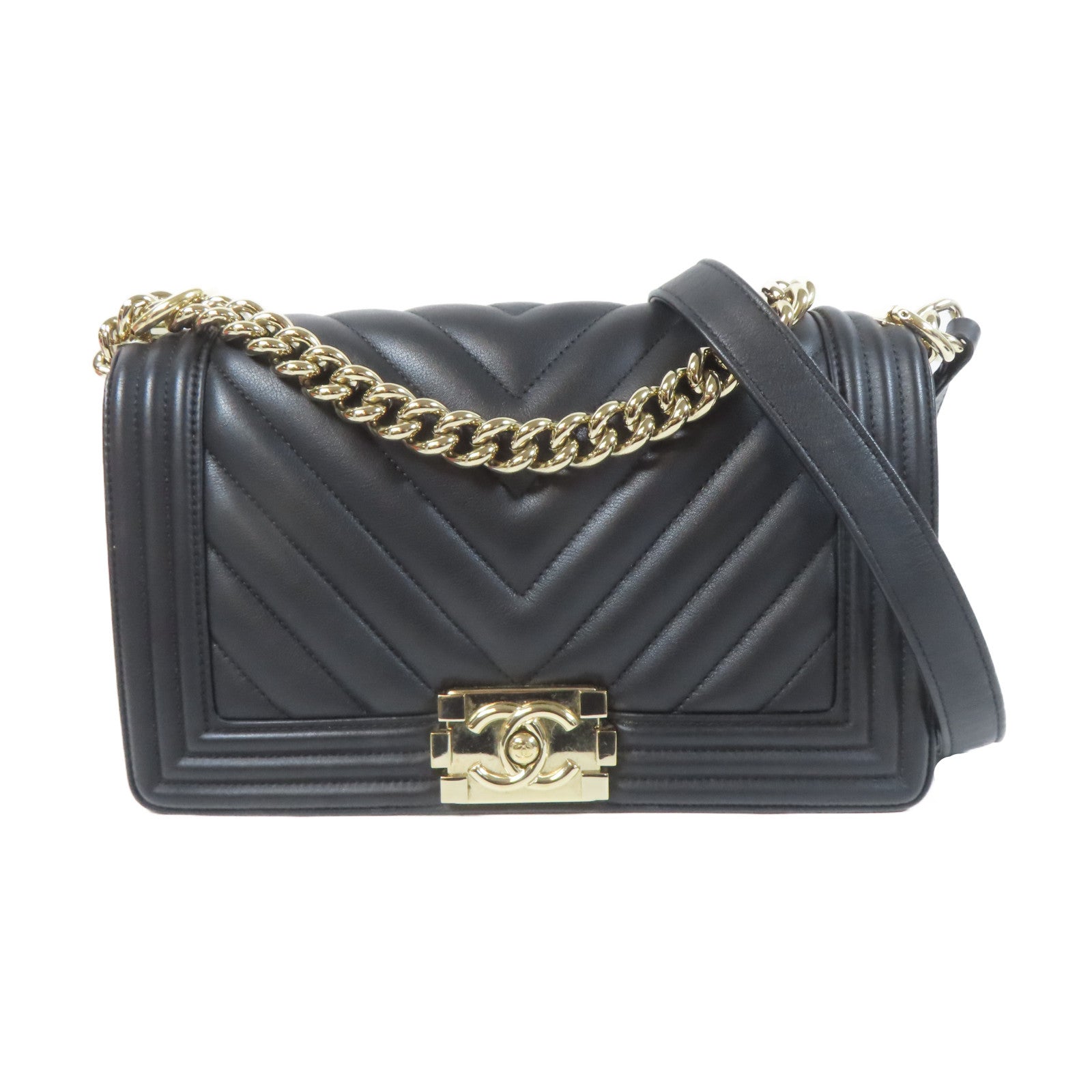 CHANEL 斜紋羊皮皮革Boy 25金扣鏈帶肩背袋黑色