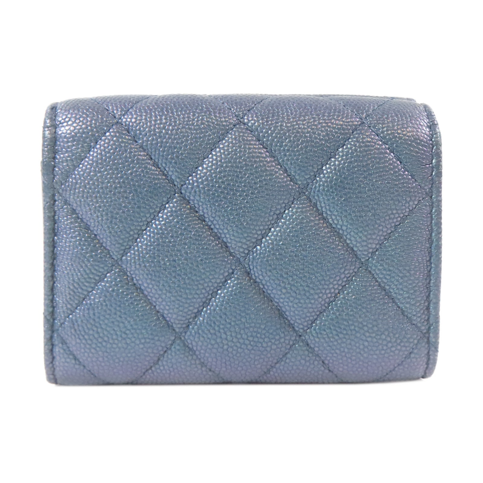 CHANEL 菱格Caviar皮革Trifold Wallet金扣錢包金屬藍色