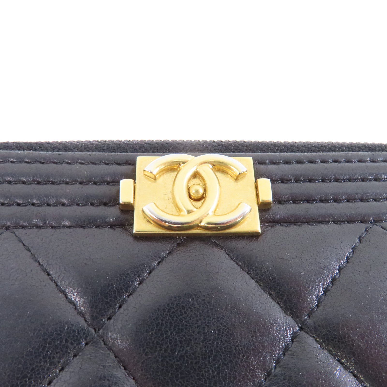 CHANEL 菱格羊皮皮革Boy Wallet金扣錢包黑色
