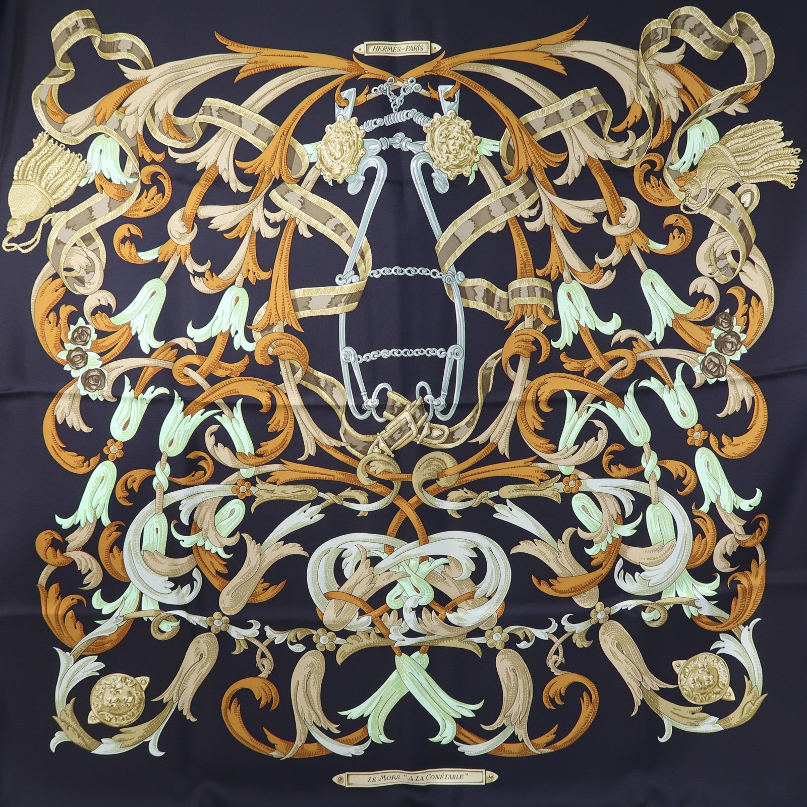 HERMES 絲質Scarf 90X90cm絲巾黑色/綠色/啡色