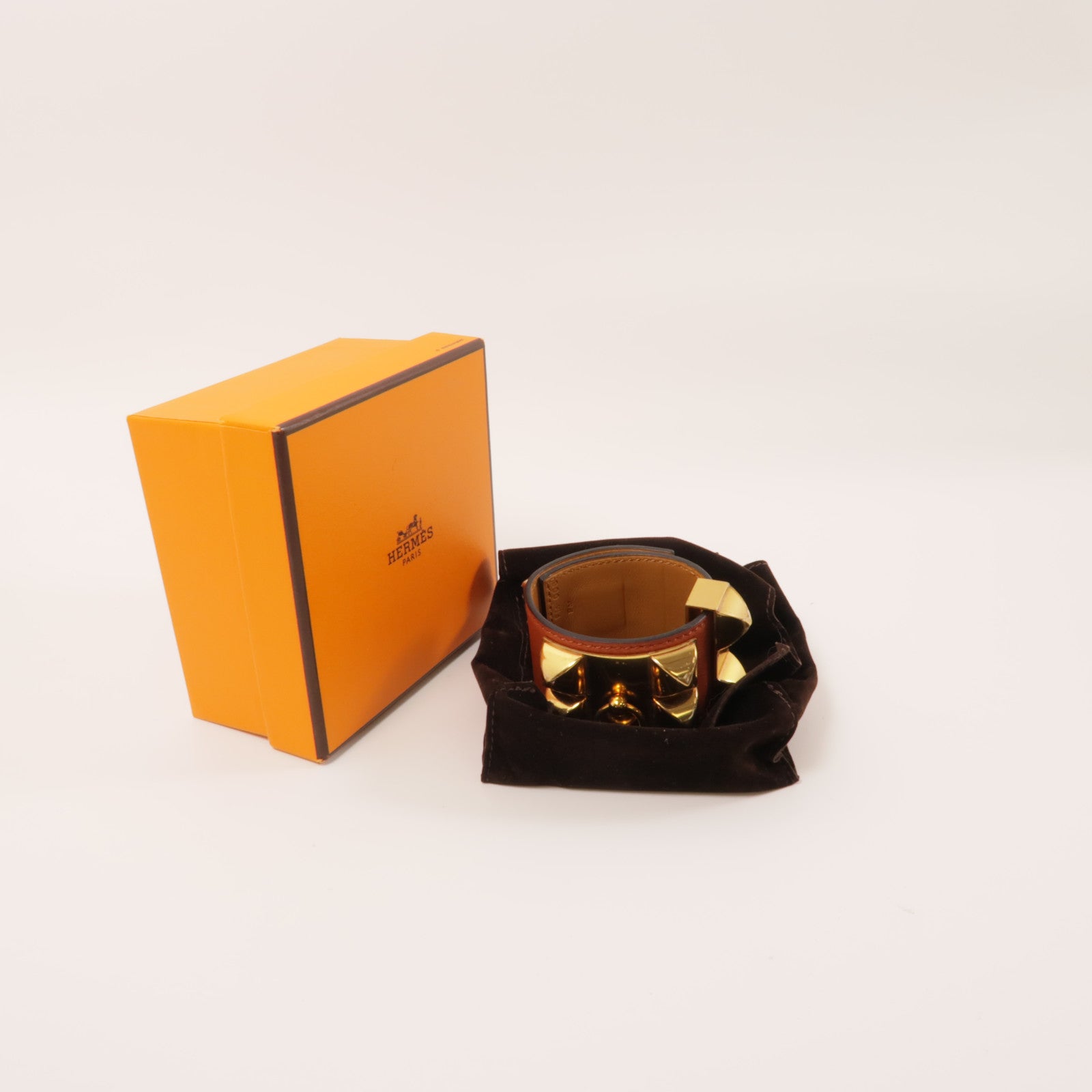 HERMES Swift皮革CDC金扣手鐲棕色