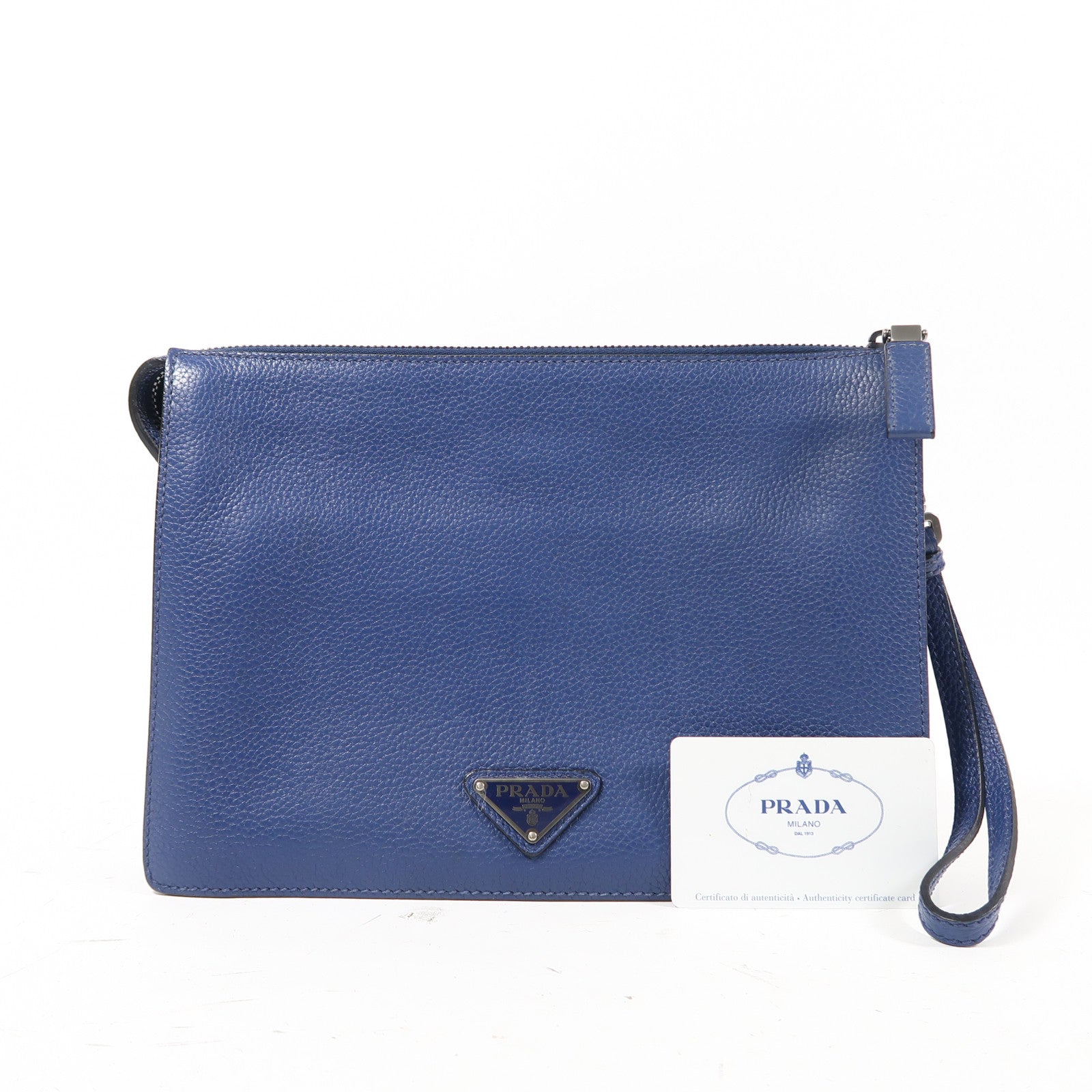 PRADA 牛皮皮革Clutch Bag銀扣手拿包藍色