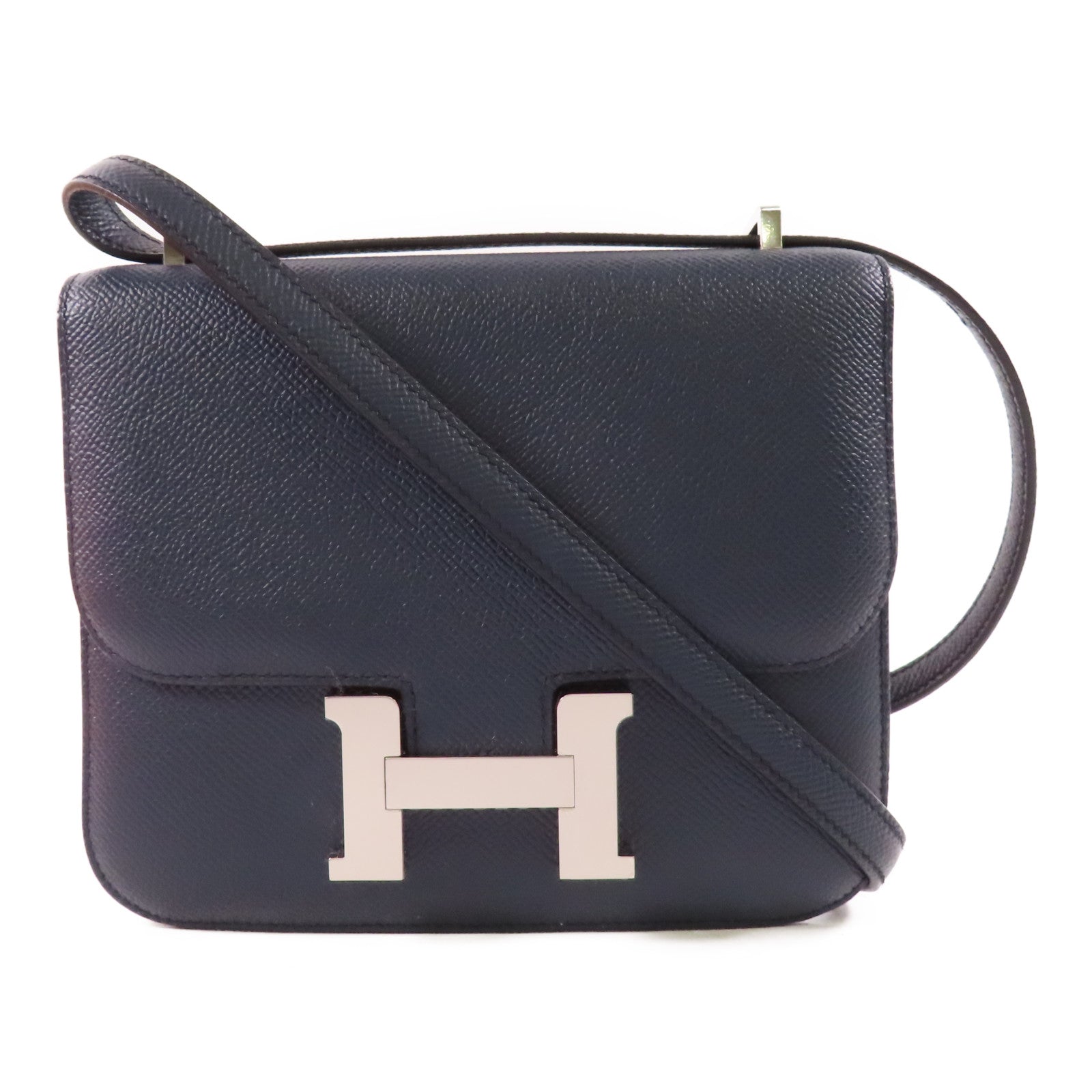 HERMES Epsom皮革Constance Mini 銀扣肩背袋Blue Indigo