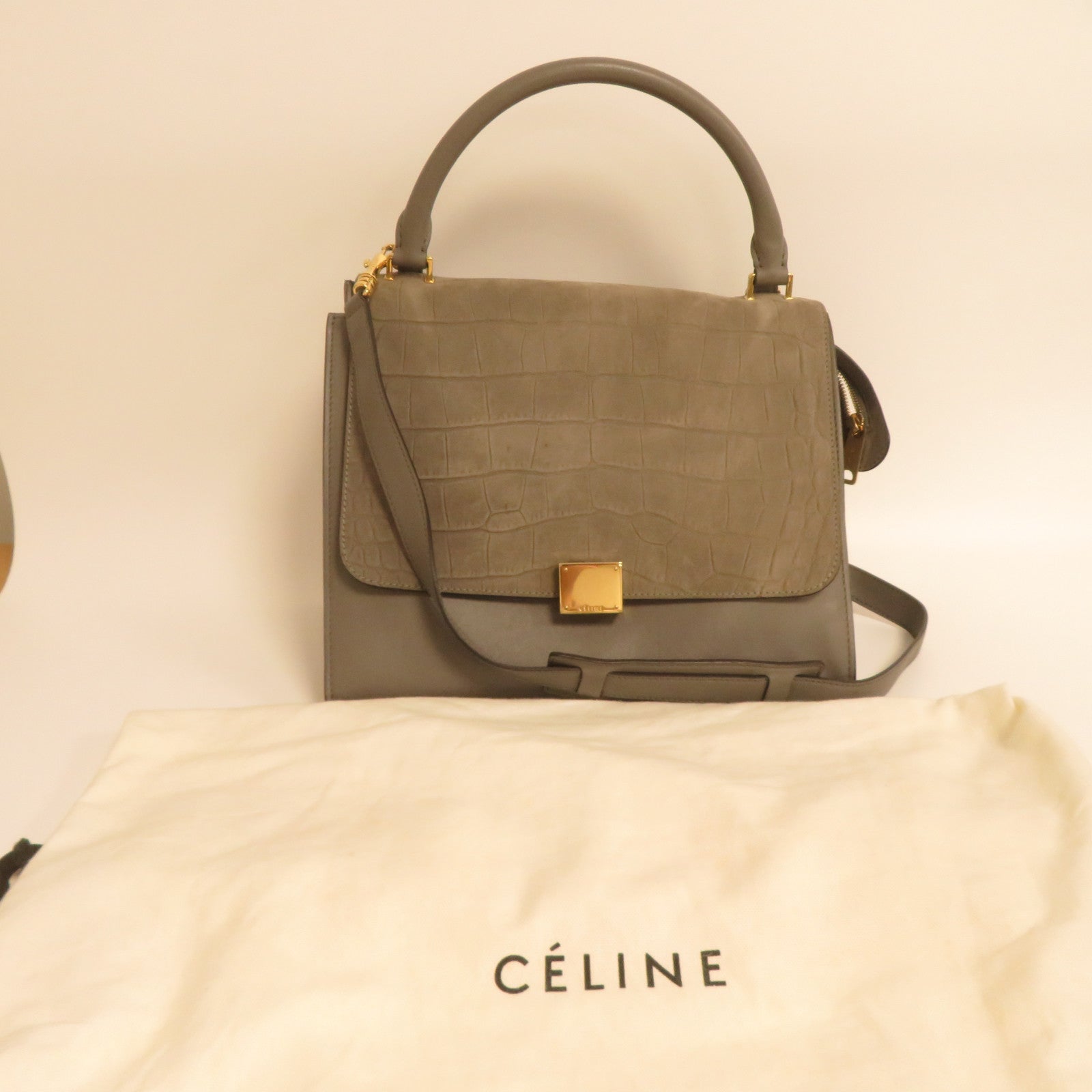 CELINE 【激減優惠】牛皮皮革Trapeze Bag金扣手挽肩背兩用袋灰色