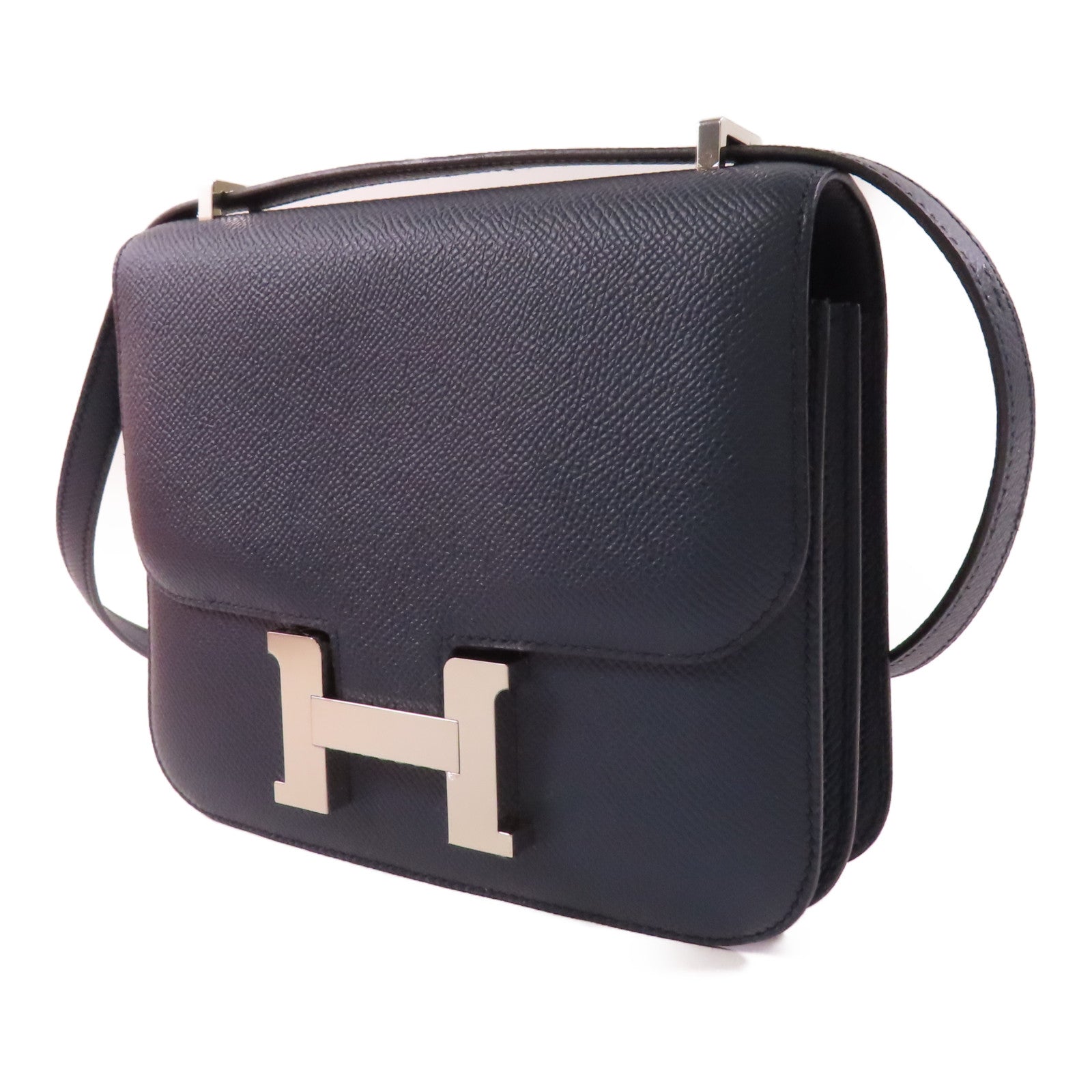HERMES Epsom皮革Constance Mini 銀扣肩背袋Blue Indigo