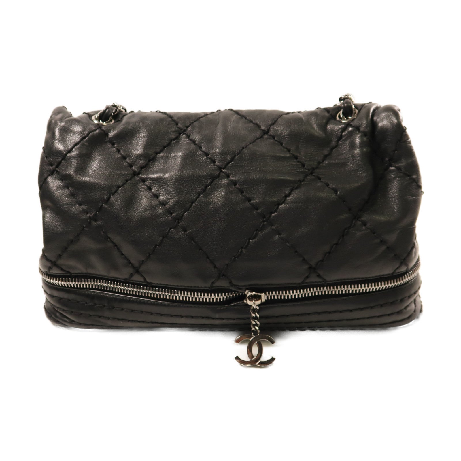 CHANEL 牛皮皮革Chain Shoulder銀扣鏈帶肩背袋黑色