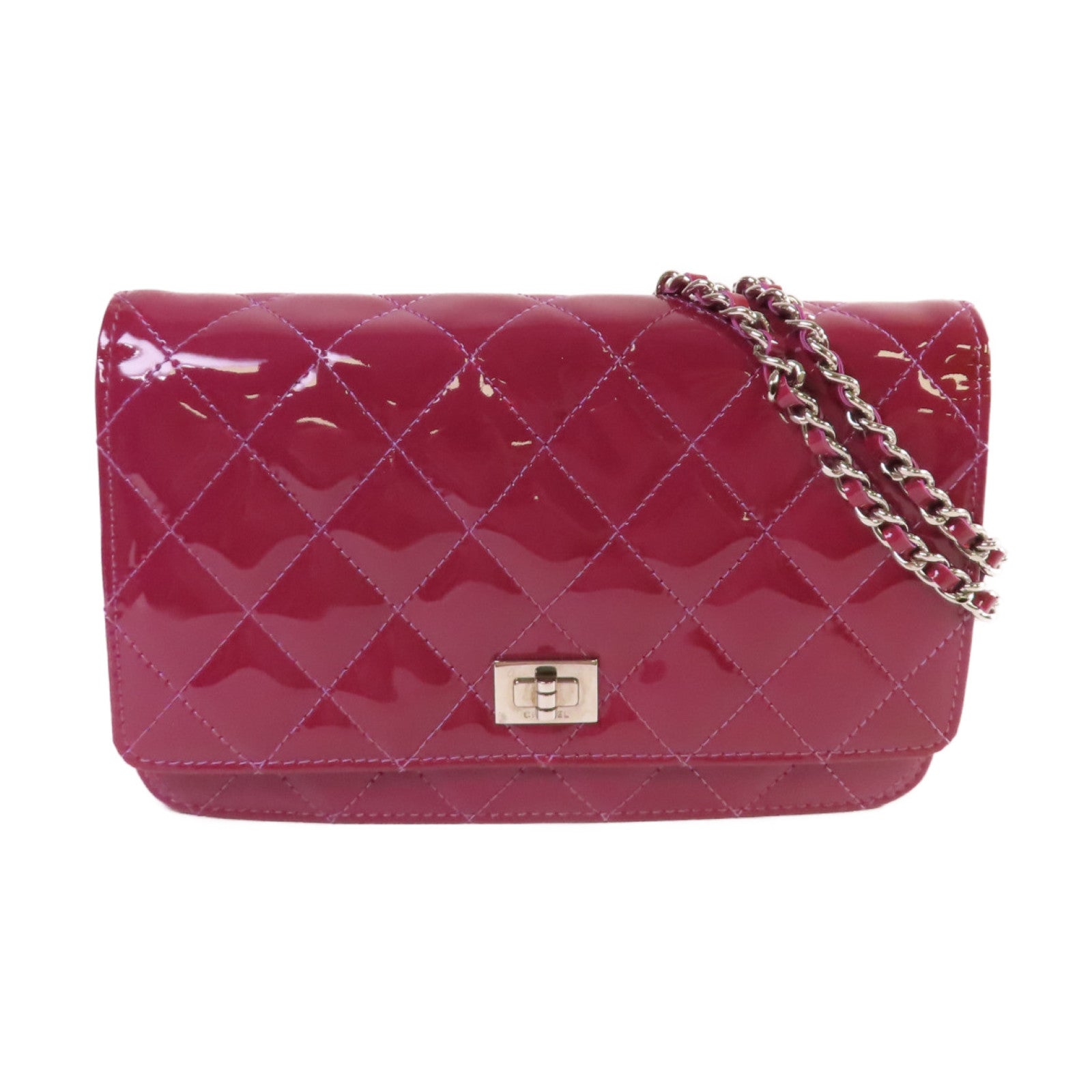 CHANEL 【激減優惠】菱格漆皮皮革WOC Wallet Chain Shoulder Bag銀扣鏈帶肩背袋紅色/紫色