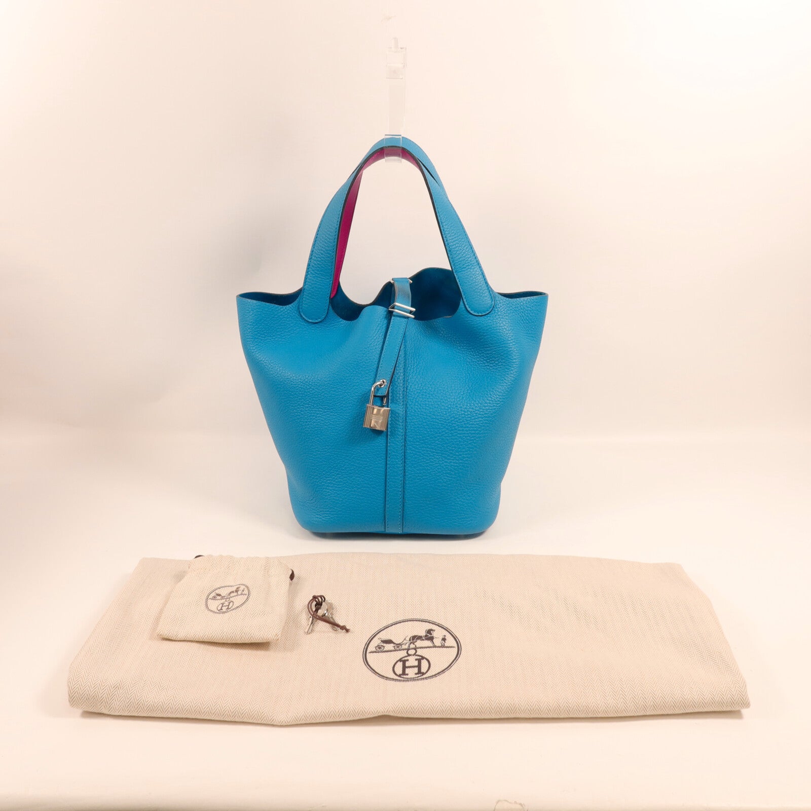 HERMES Clemence皮革Picotin MM扣手挽袋Bleu Frida/Rose Mex