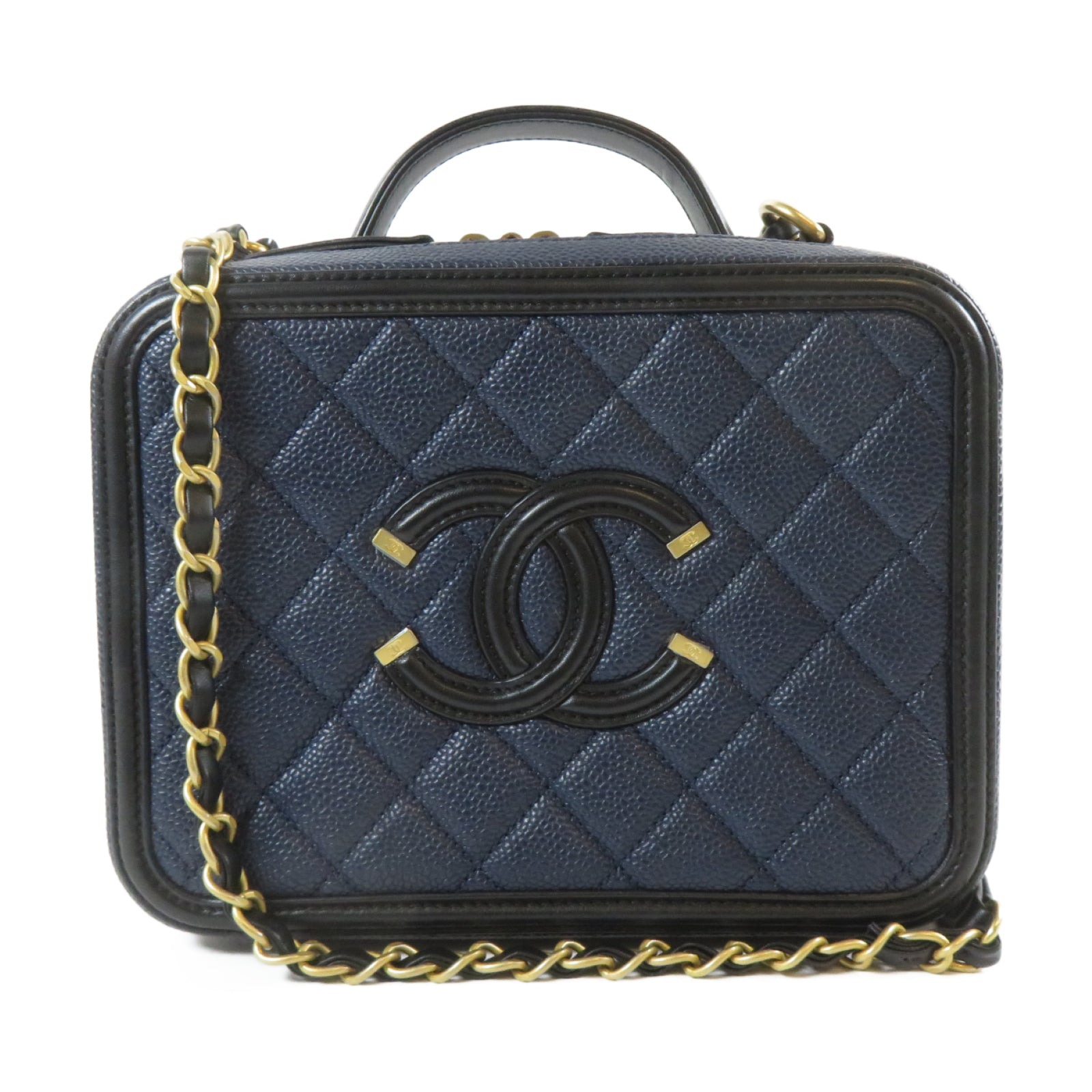 CHANEL 【激減優惠】Caviar皮革Filigree Vanity Case金扣鏈帶肩背袋深藍色