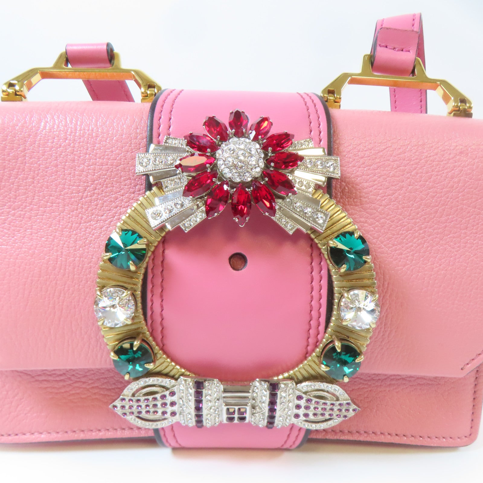 Miu Miu 牛皮皮革金扣肩背袋粉紅色