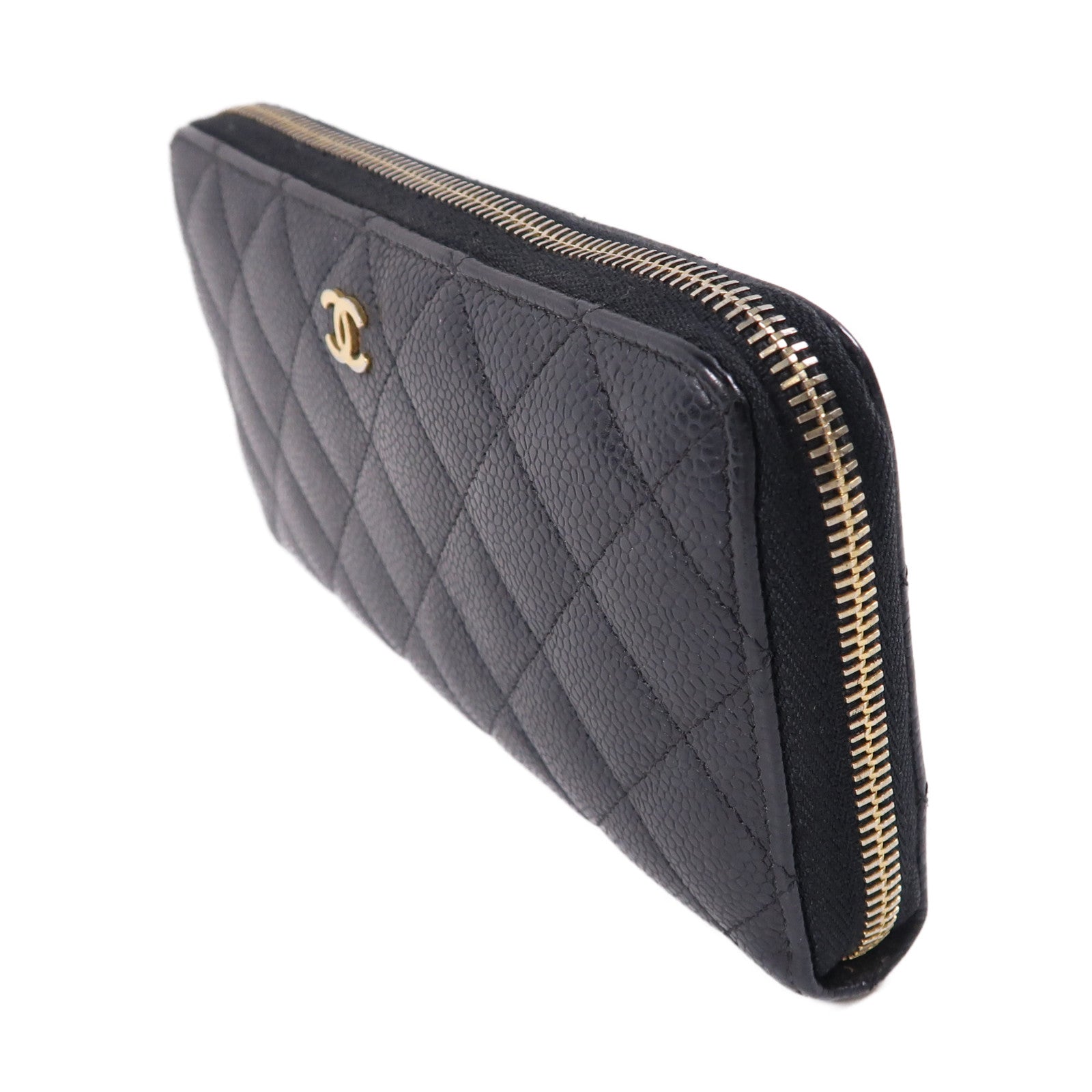 CHANEL 牛皮皮革Zipper Long Wallet金扣長錢包黑色