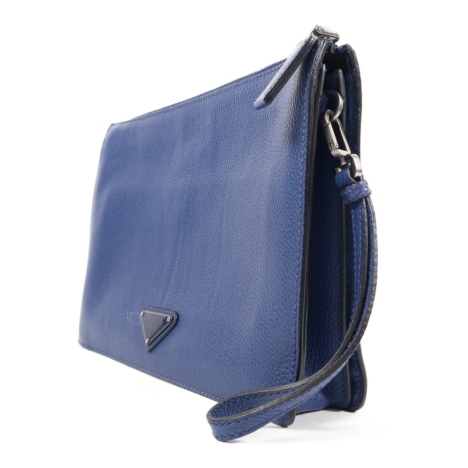 PRADA 牛皮皮革Clutch Bag銀扣手拿包藍色